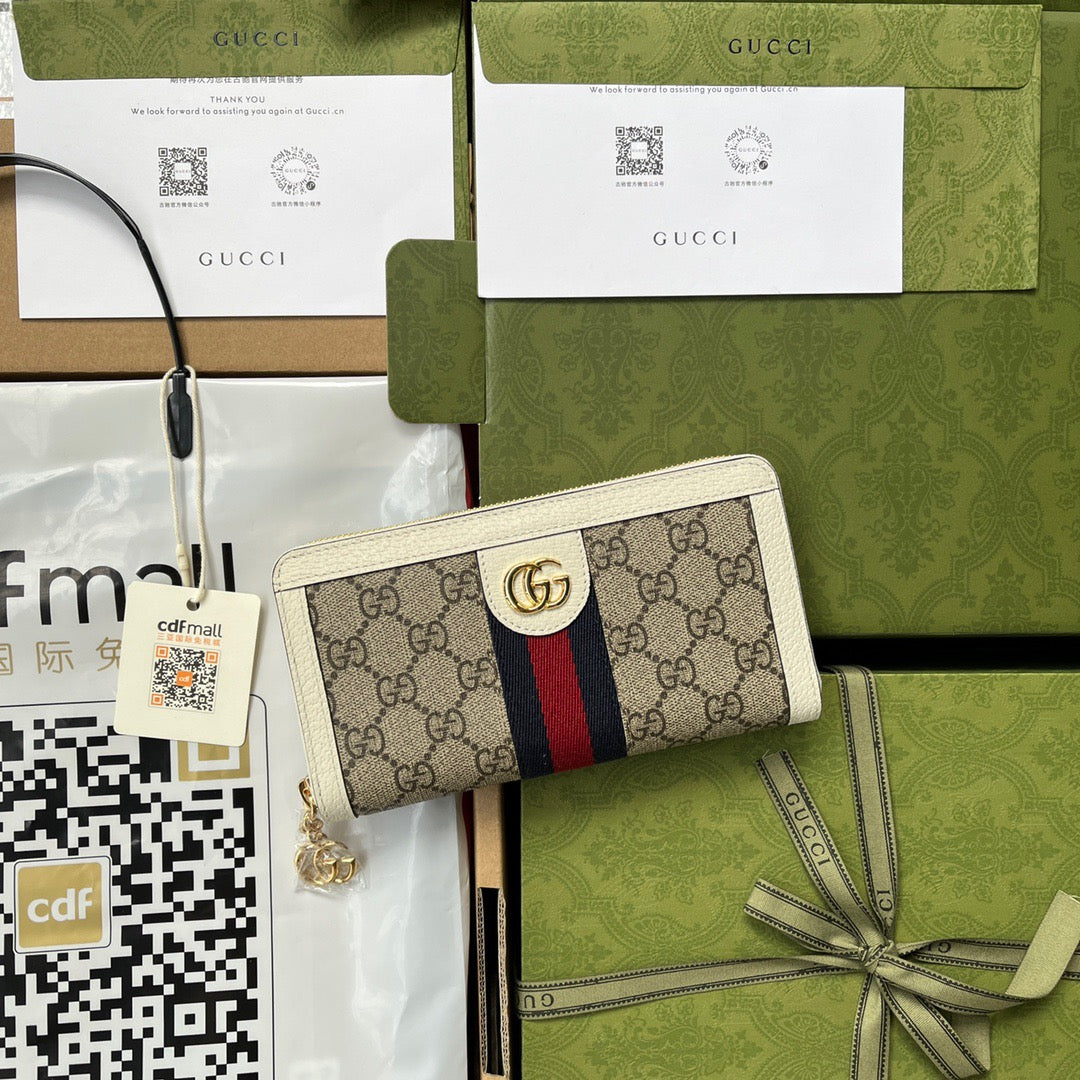 Original leather accessories (fmall Sanya Duty Free Shop handbag Ophidia series full zipper wallet made of high-quality artificial canvas with iconic patterns and striped ribbons, refined with top overseas hardware model: 523154 size: W19.5xH11xD3cm