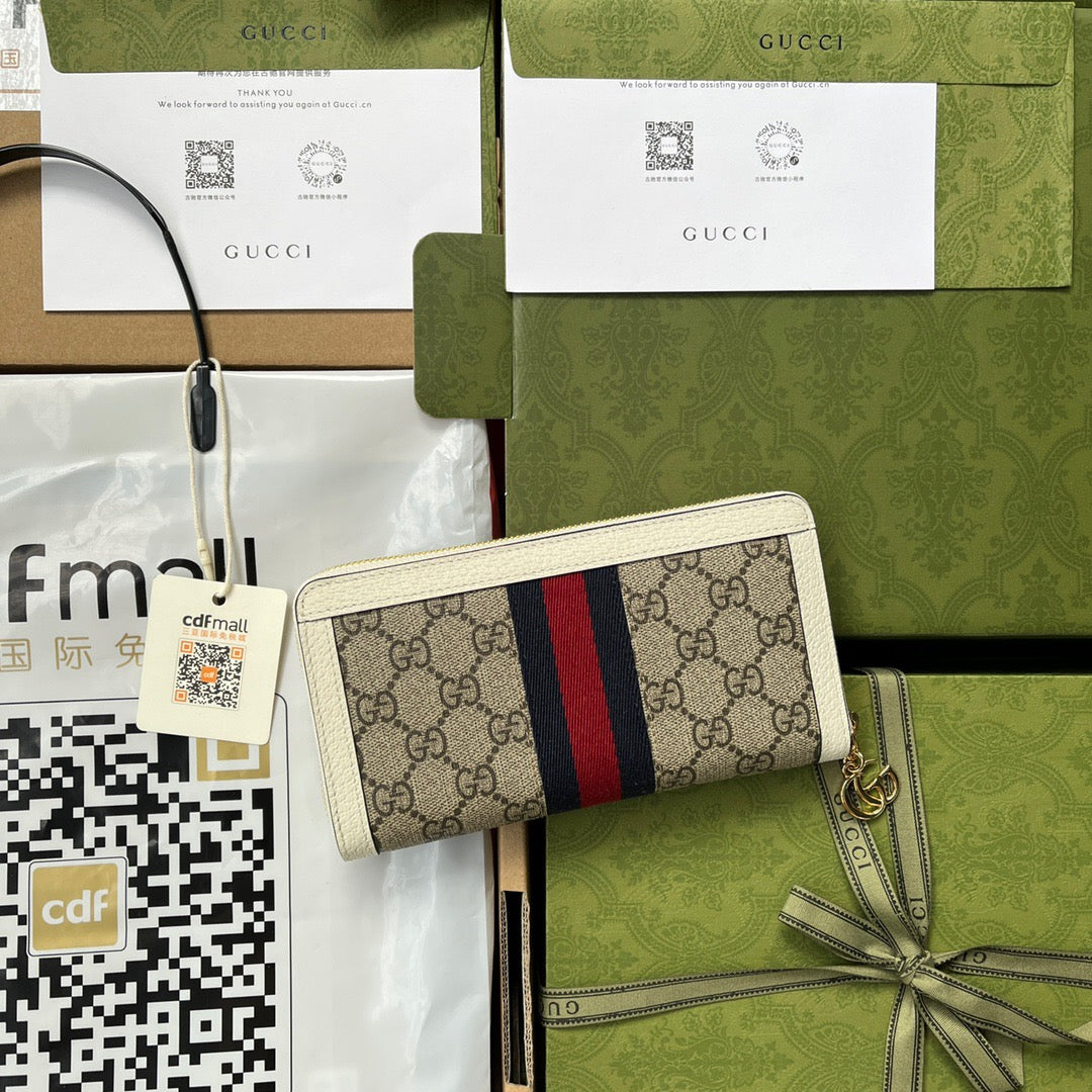 Original leather accessories (fmall Sanya Duty Free Shop handbag Ophidia series full zipper wallet made of high-quality artificial canvas with iconic patterns and striped ribbons, refined with top overseas hardware model: 523154 size: W19.5xH11xD3cm