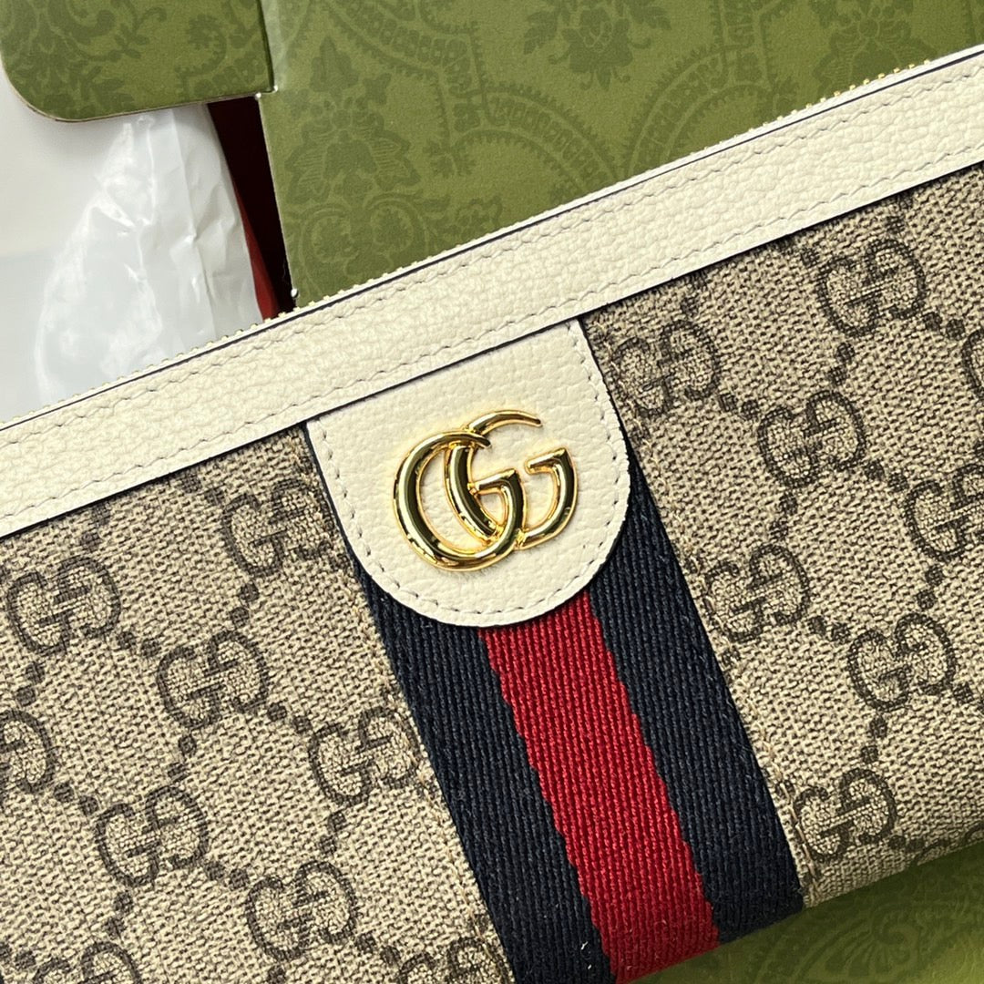 Original leather accessories (fmall Sanya Duty Free Shop handbag Ophidia series full zipper wallet made of high-quality artificial canvas with iconic patterns and striped ribbons, refined with top overseas hardware model: 523154 size: W19.5xH11xD3cm