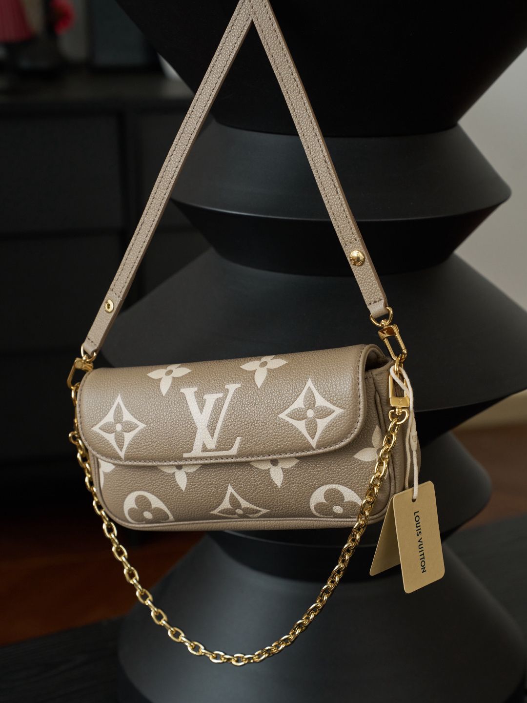 Taupe Monogram Flap Bag with Gold-Tone Chain Detail
