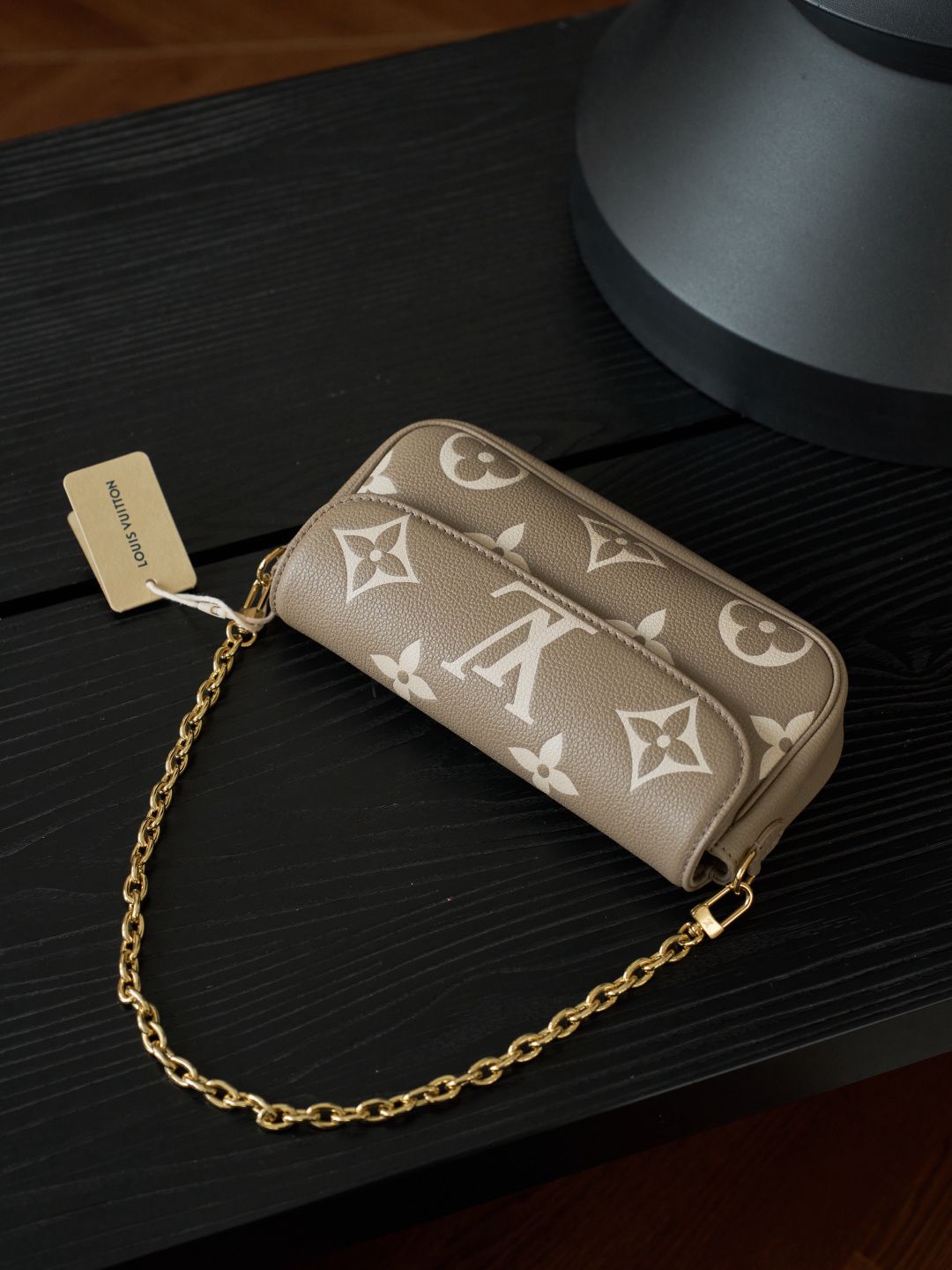 Taupe Monogram Flap Bag with Gold-Tone Chain Detail