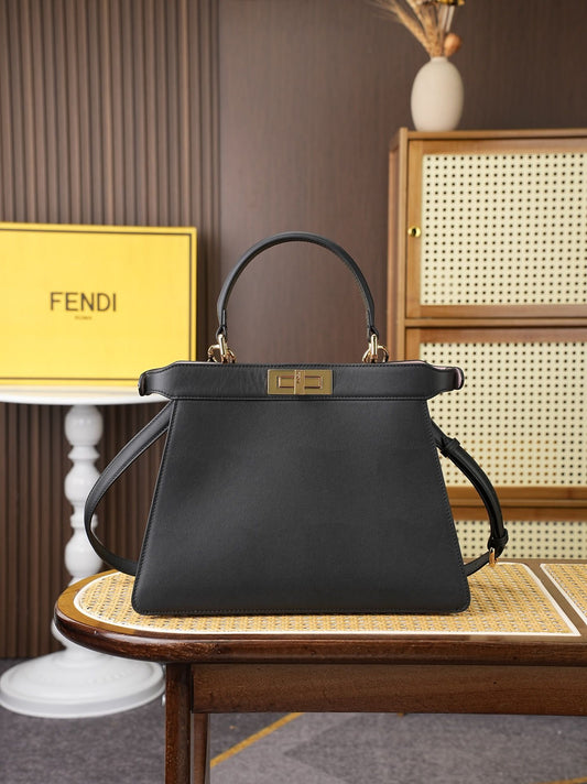 Black Structured Top-Handle Bag with Gold-Tone Accent,Model 8005, large size, 33x25x13cm