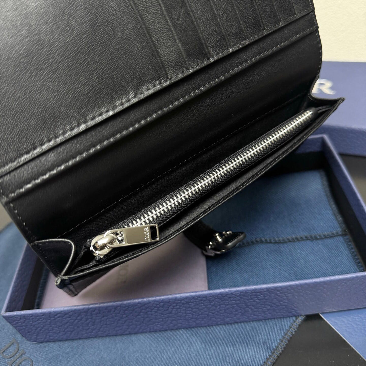 Black Grained Leather Long Bifold Wallet with Silver-Tone Accent