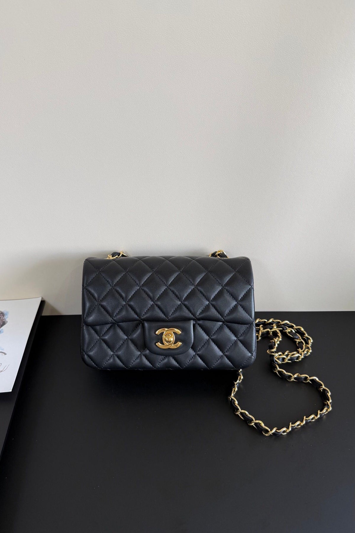 Black Diamond-Quilted Flap Bag with Gold-Tone Chain Strap