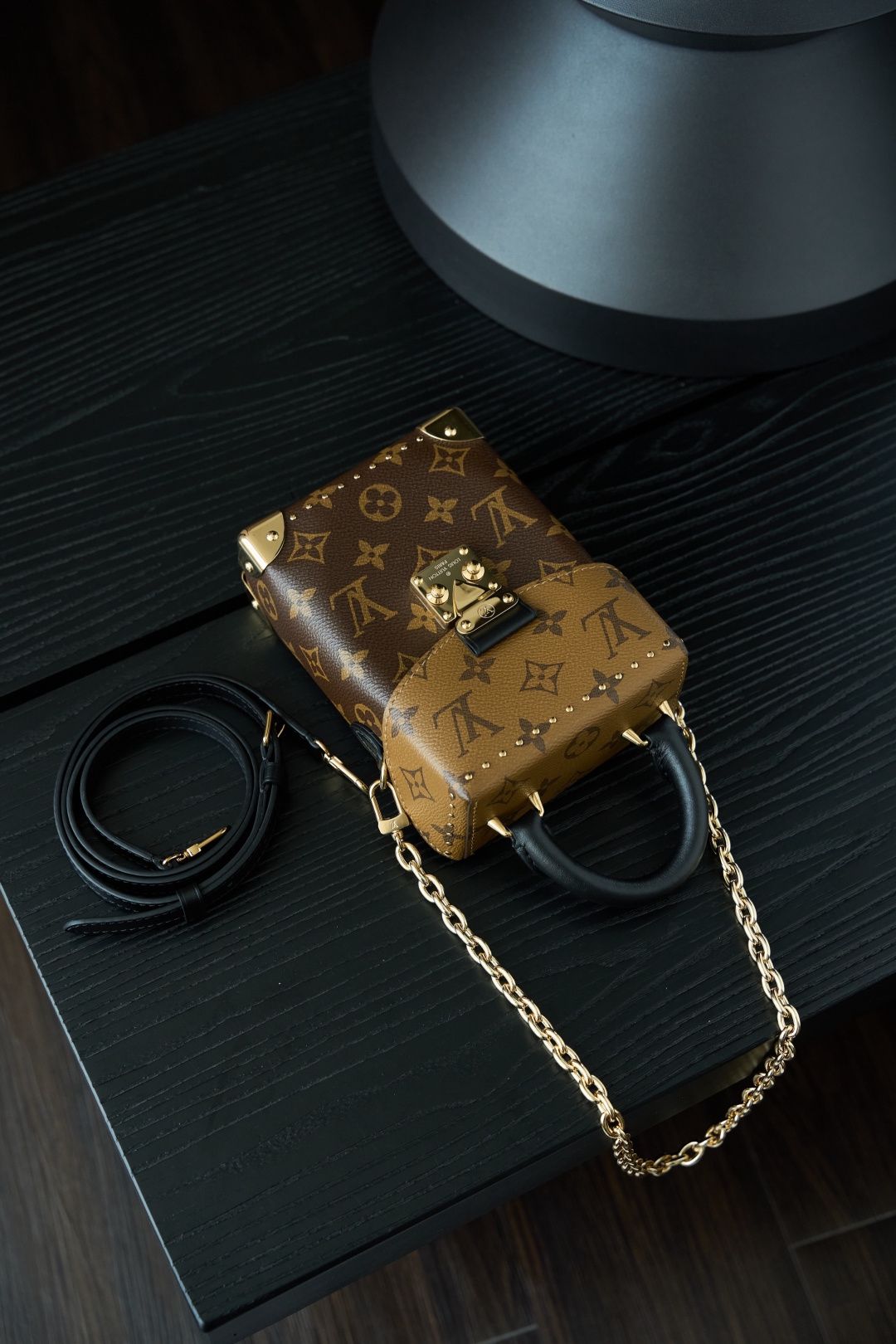 Brown Mini Top-Handle Bag with Gold-Tone Chain and Front Clasp
