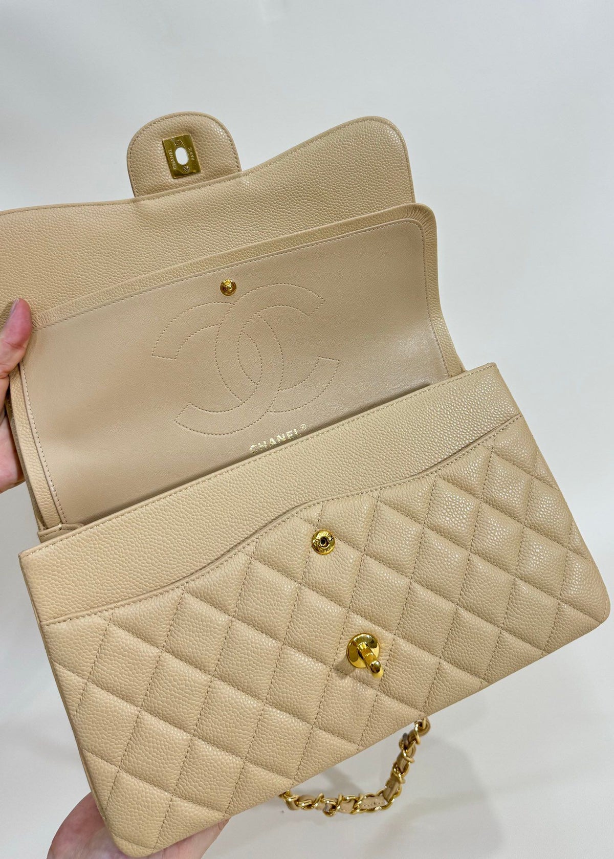 Exclusive real shot of classic ball pattern caviar cowhide 1113Jumbo entirely imported original cowhide CF..MM directly regarded as high-end quality size 30Cm gold and silver buckle in stock P1180