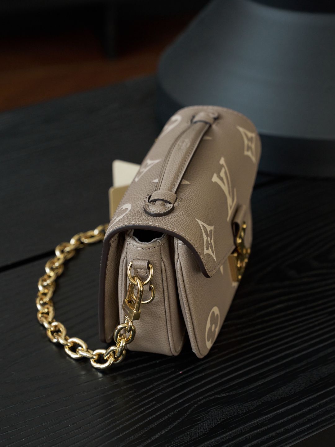 Taupe Monogram Shoulder Bag with Gold-Tone Clasp and Chain