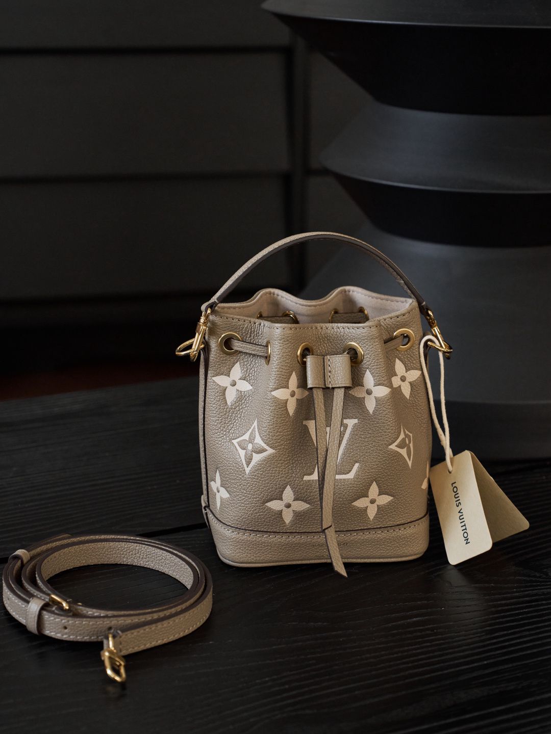Taupe Monogram Drawstring Bucket Bag with Top Handle