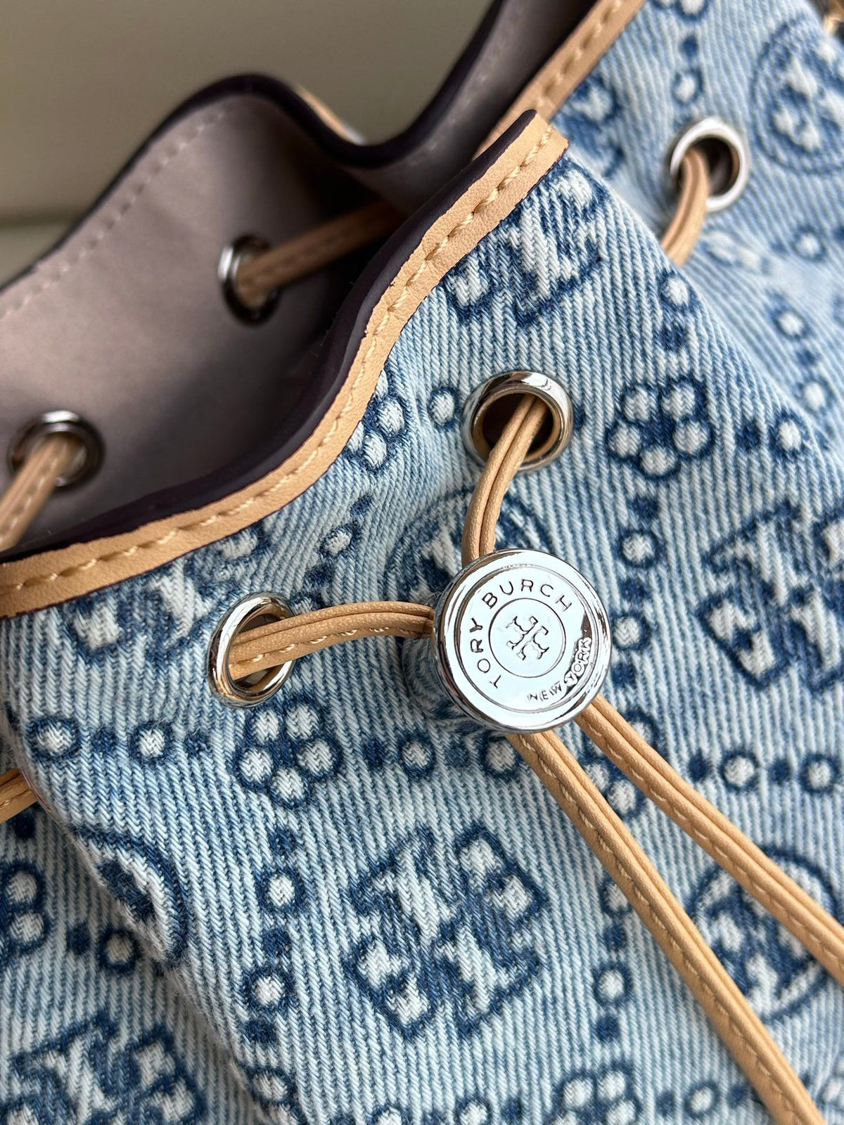 Tory Burch's classic T Monogram collection denim denim material paired with iconic patterns