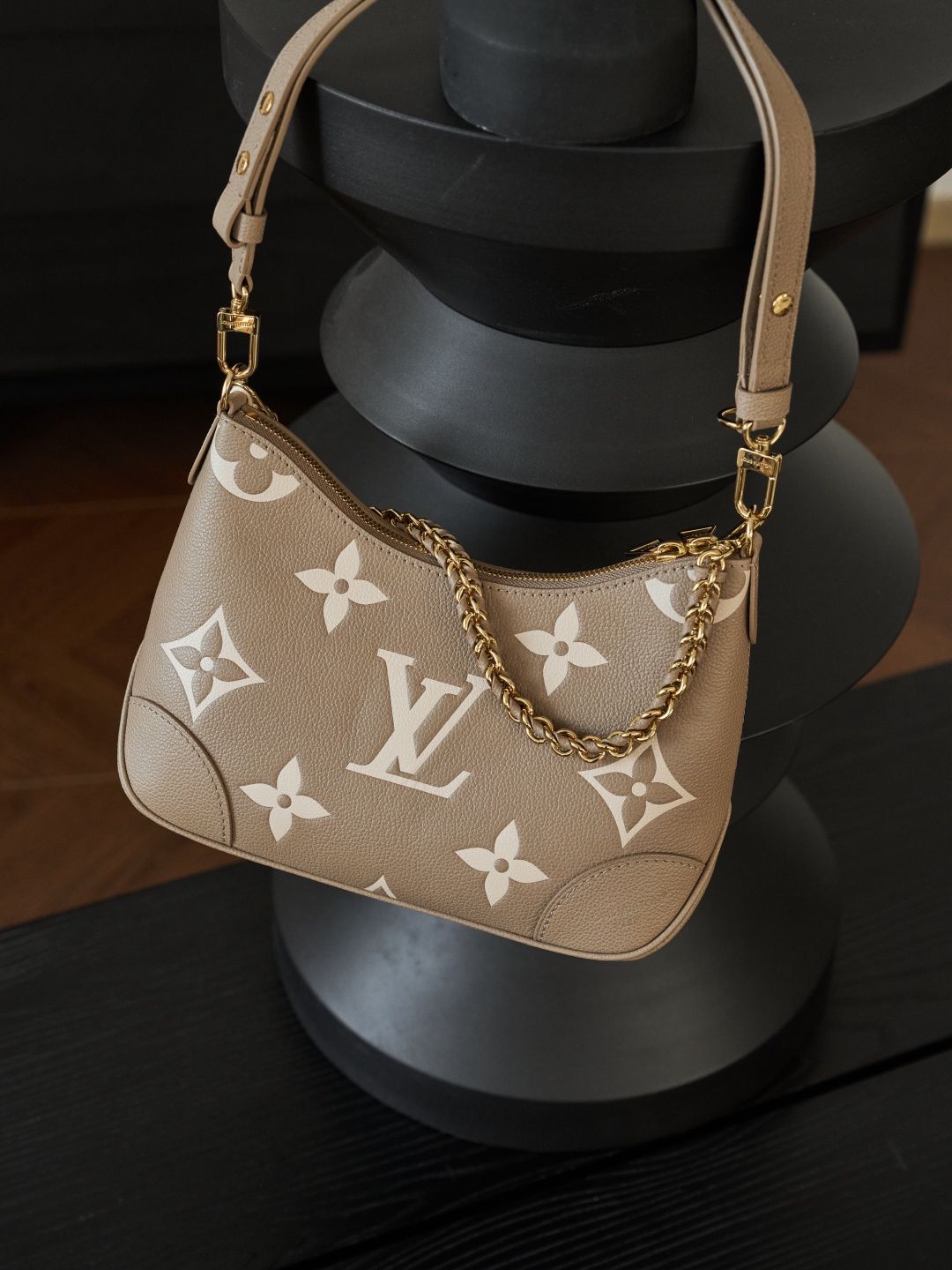 Taupe Monogram Shoulder Bag with Gold-Tone Chain
