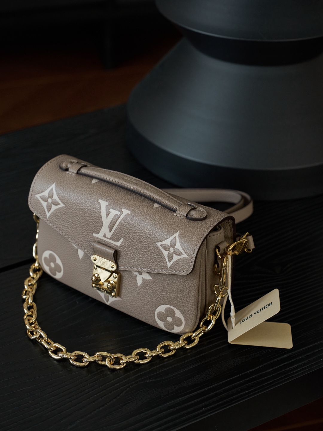 Taupe Monogram Shoulder Bag with Gold-Tone Clasp and Chain