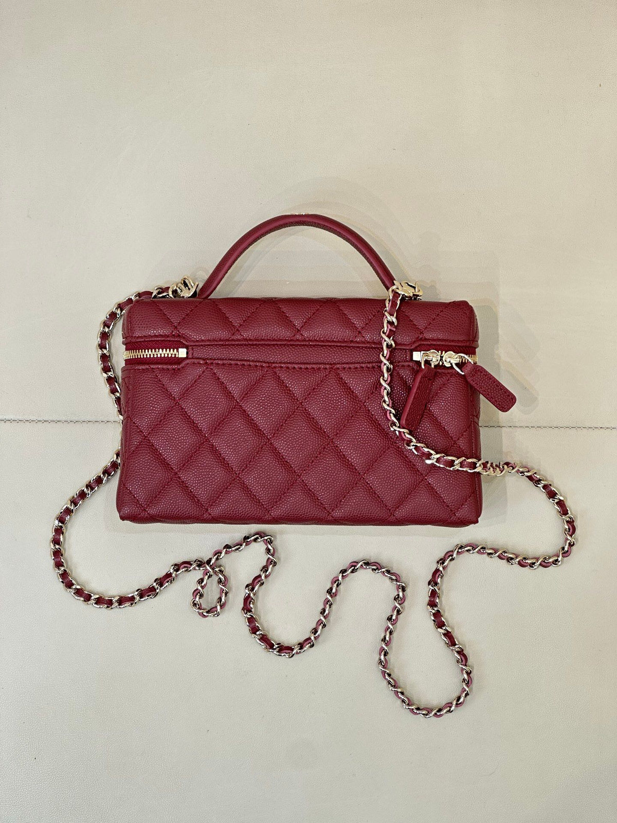 Burgundy Quilted Box Bag with Top Handle and Chain Strap