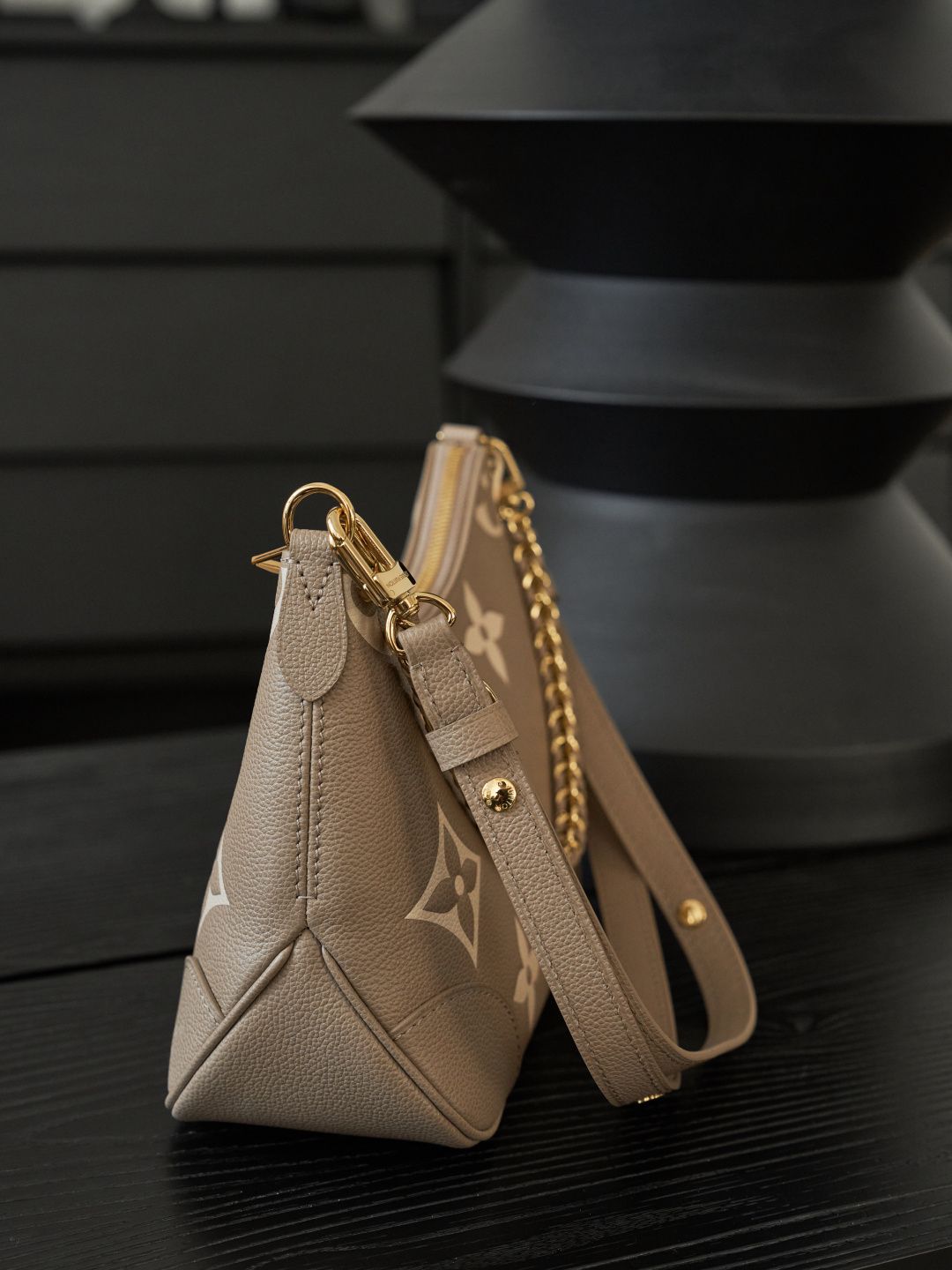 Taupe Monogram Shoulder Bag with Gold-Tone Chain