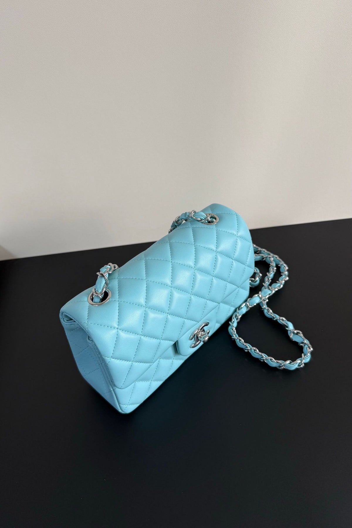 Aqua Blue Quilted Flap Bag with Silver-Tone Chain Strap