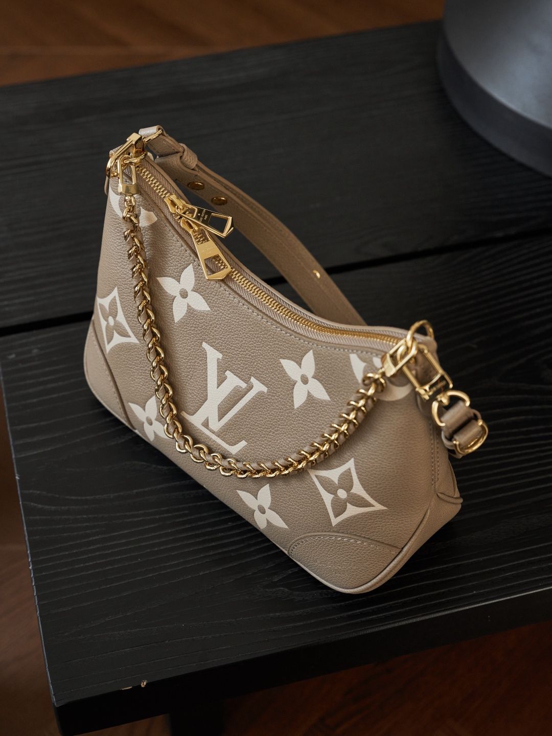 Taupe Monogram Shoulder Bag with Gold-Tone Chain