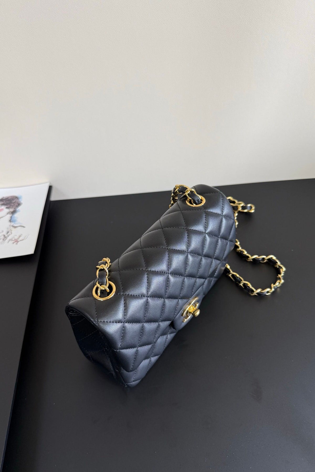 Black Diamond-Quilted Flap Bag with Gold-Tone Chain Strap