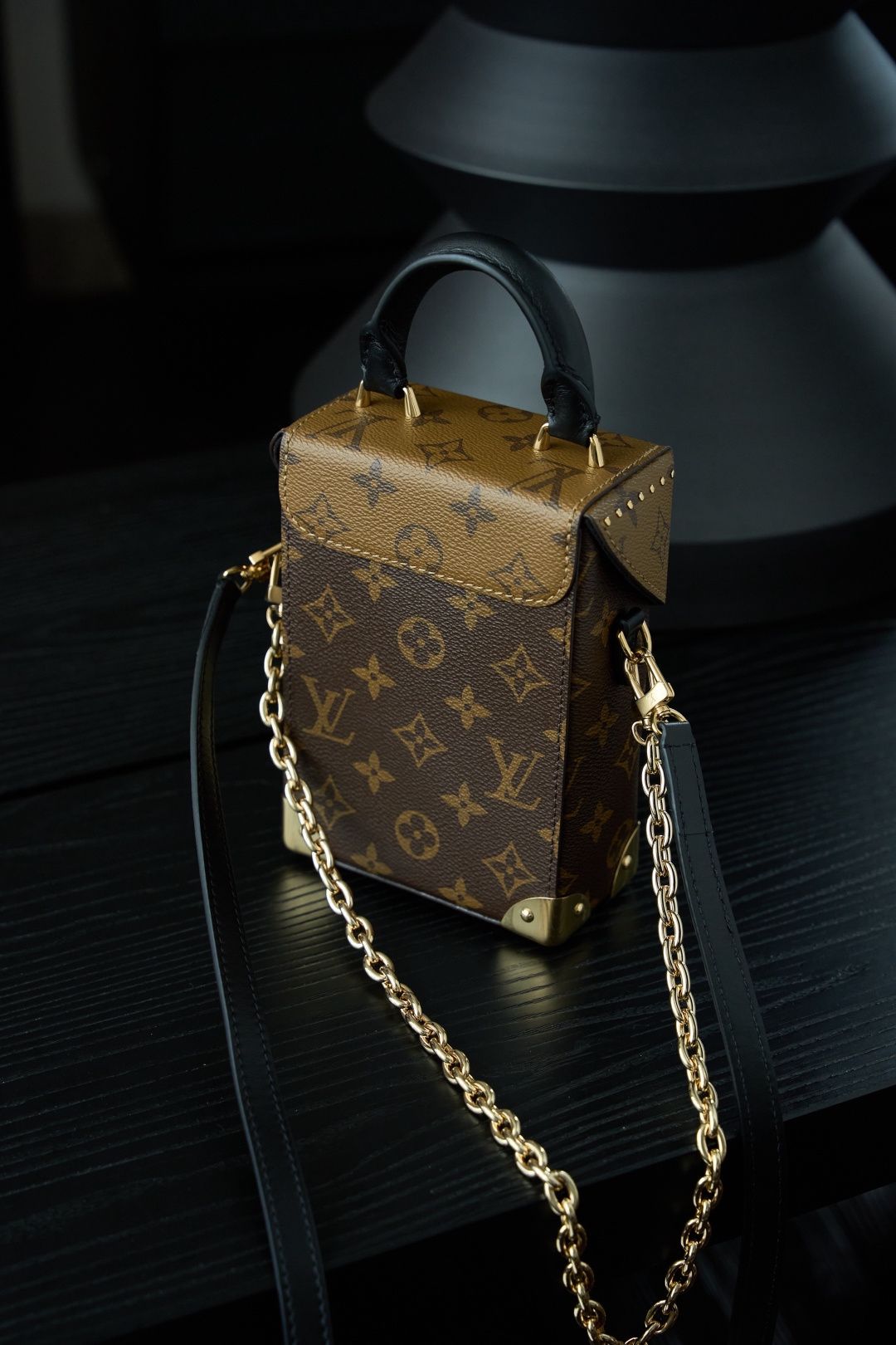 Brown Mini Top-Handle Bag with Gold-Tone Chain and Front Clasp
