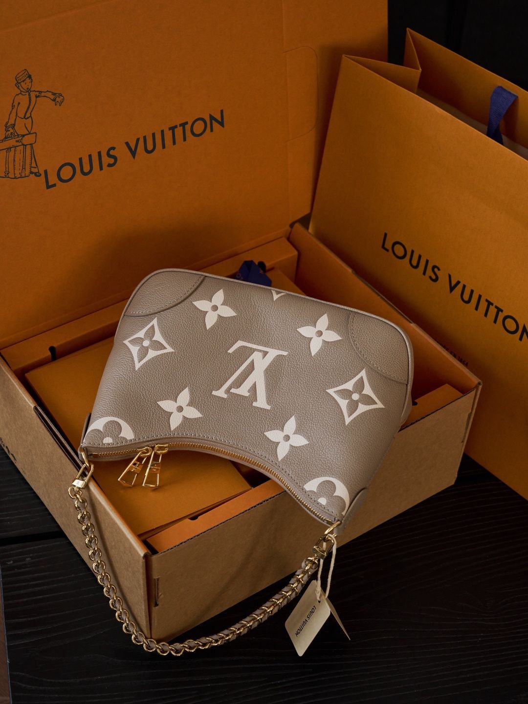 Taupe Monogram Shoulder Bag with Gold-Tone Chain