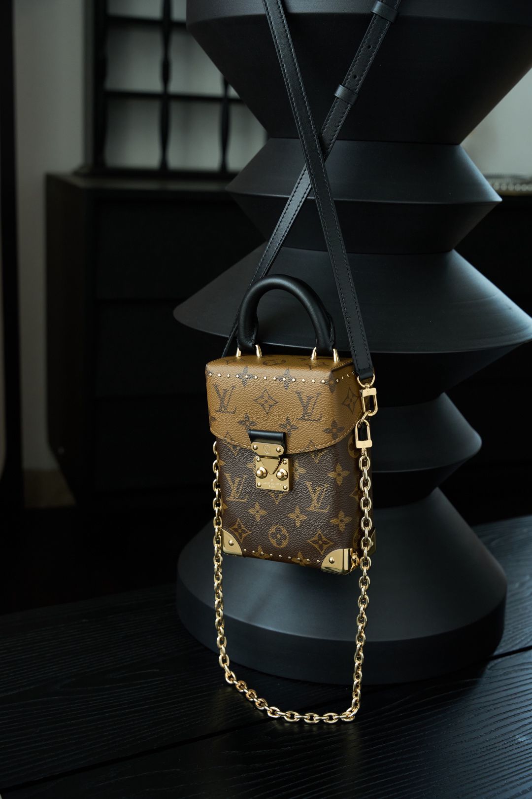 Brown Mini Top-Handle Bag with Gold-Tone Chain and Front Clasp