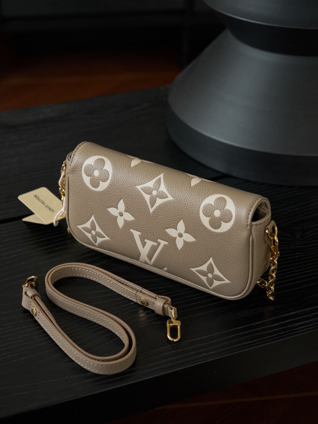 Taupe Monogram Flap Bag with Gold-Tone Chain Detail
