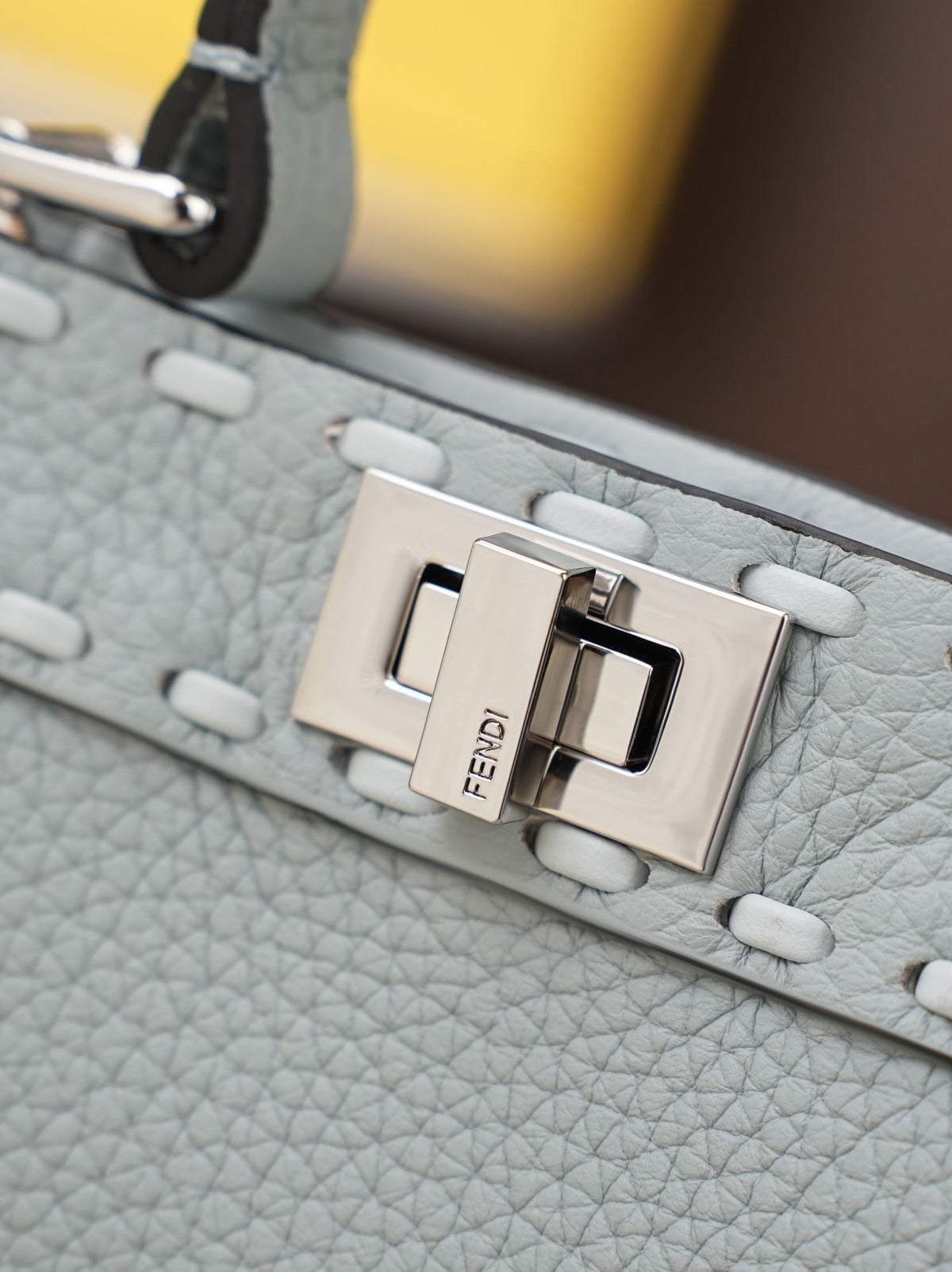 Model 15009 Ice Blue Size 20cm Details Ice Blue Hand sewn Peekaboo ISeeU Medium Handbag Litchi Pattern Calfskin Material with Classic Twist Lock Soft Nappa Leather Lining on Both Sides Separated by Hard Dividers with Buckle Internal Pocket and Gold Metal