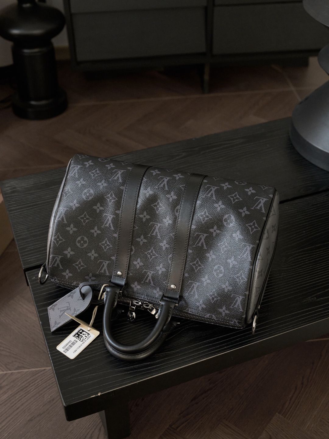 Black Monogram Holdall Bag with Twin Handles and Shoulder Strap