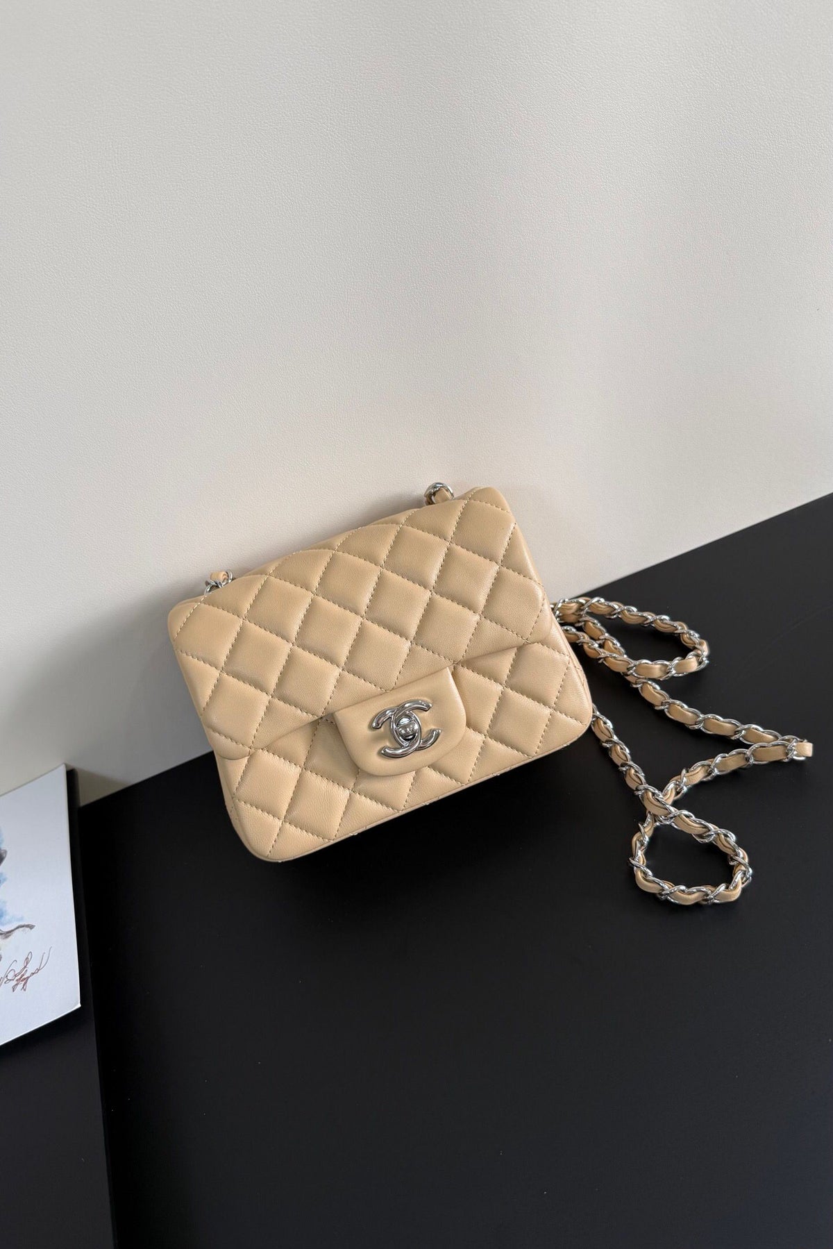 Soft Apricot Quilted Mini Flap Bag with Silver-Tone Chain Strap