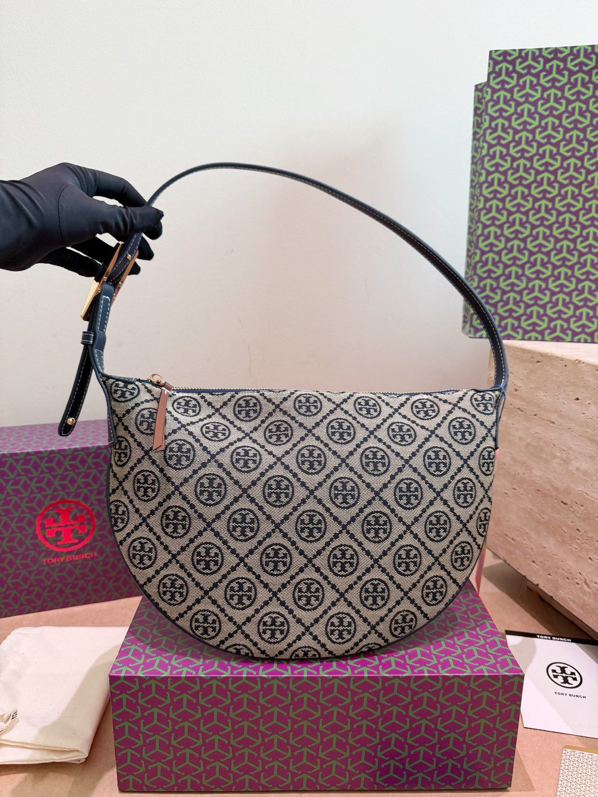 Comes with Tory Burch Half Moon Flower Bag Gift Box