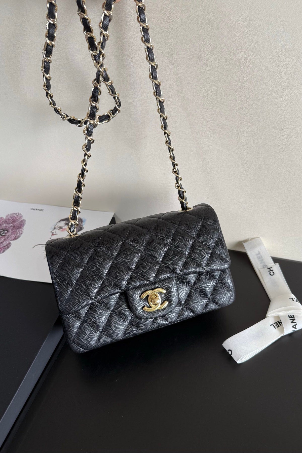 Black Quilted Flap Bag with Chain Strap