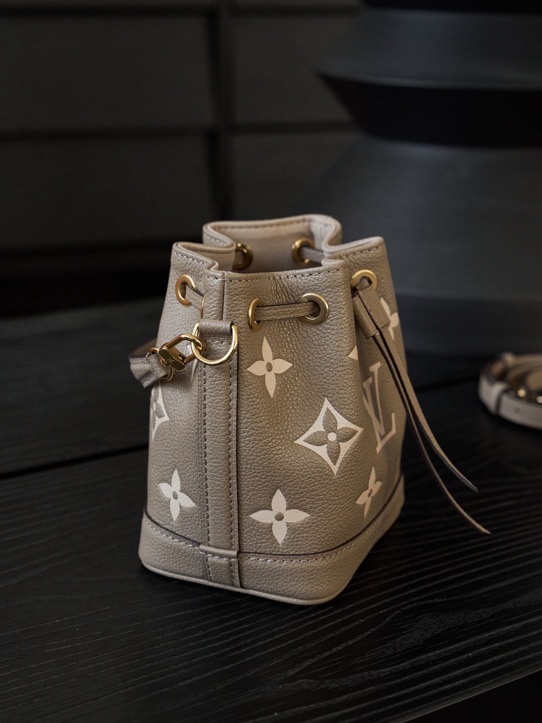 Taupe Monogram Drawstring Bucket Bag with Top Handle