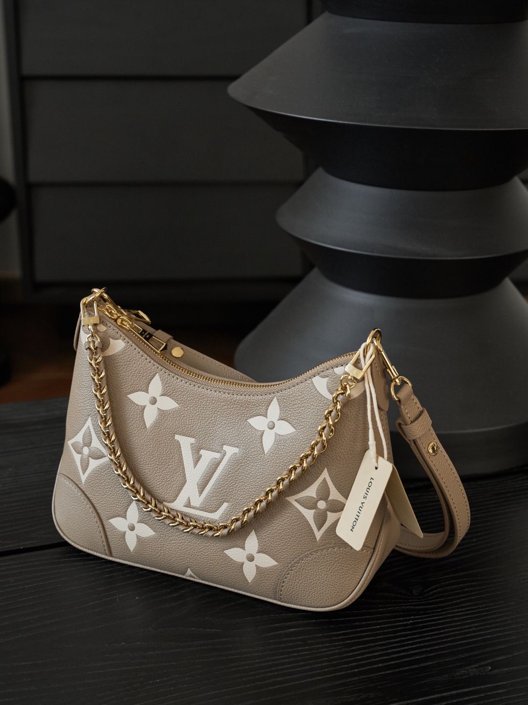 Taupe Monogram Shoulder Bag with Gold-Tone Chain