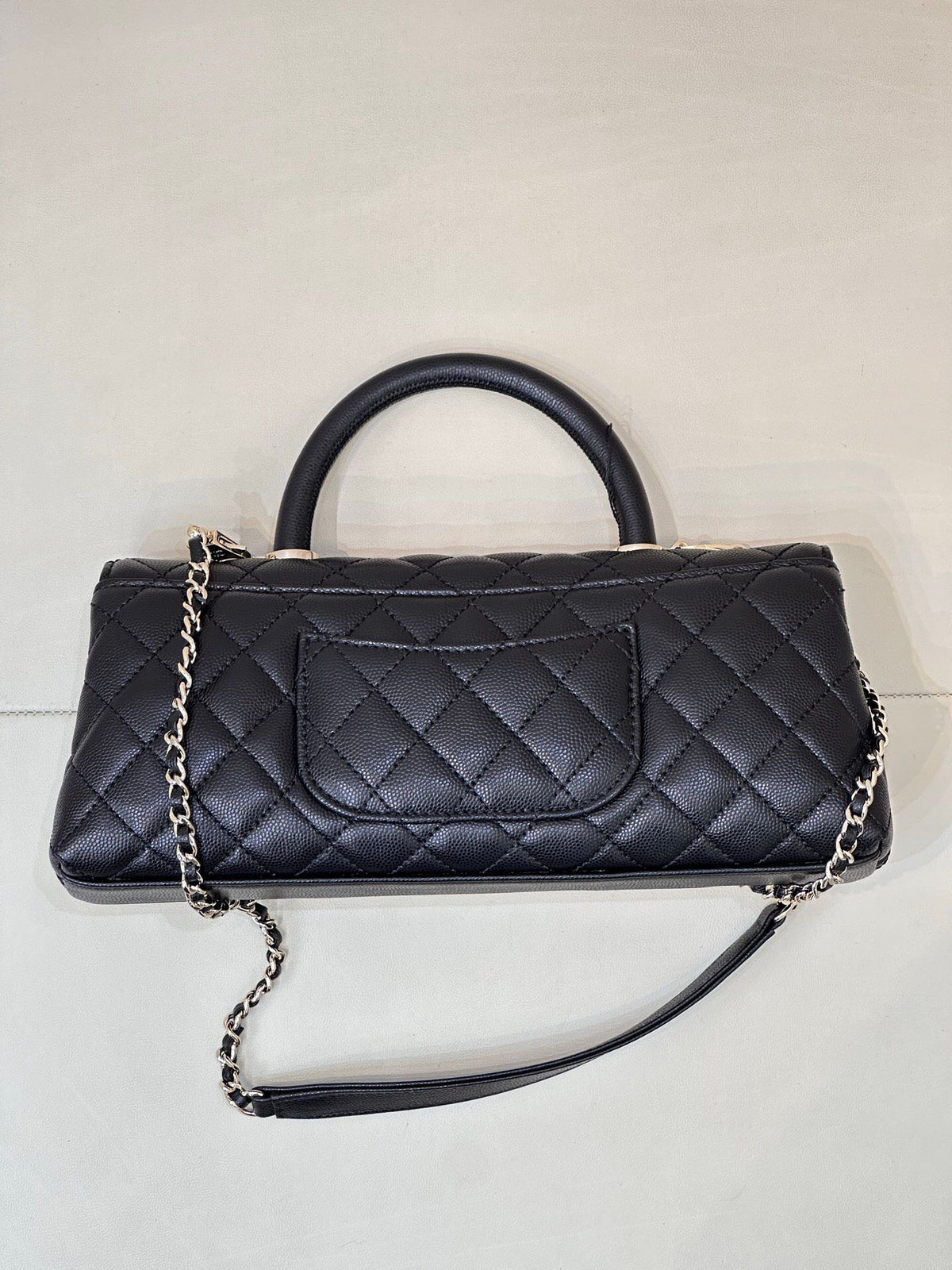 Black Quilted Top Handle Bag with Chain Strap