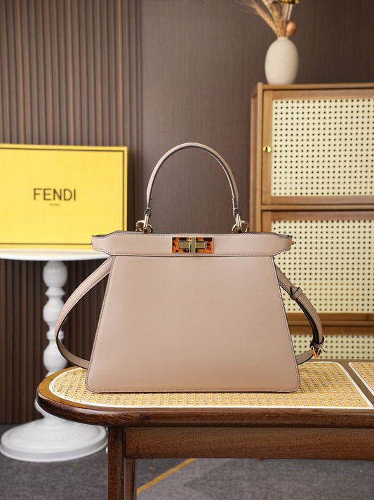Taupe Structured Top-Handle Bag with Gold-Tone Accent,Model 8005, large size, 33x25x13cm