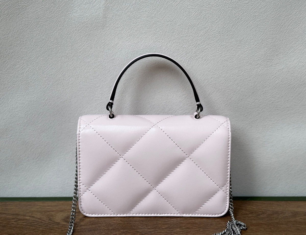Lavender Purple TORY BURCH KIRA CHEVRON DIAMOND QUILT MINI TOP HANDLE CHAIN WALLET Mini Flip Tote With Fluffy Diamond Quilted Design, Three Dimensional Texture Shines on Classic Shapes, Paired with Iconic Slanted Double T LOGO and Chain Shoulder Strap