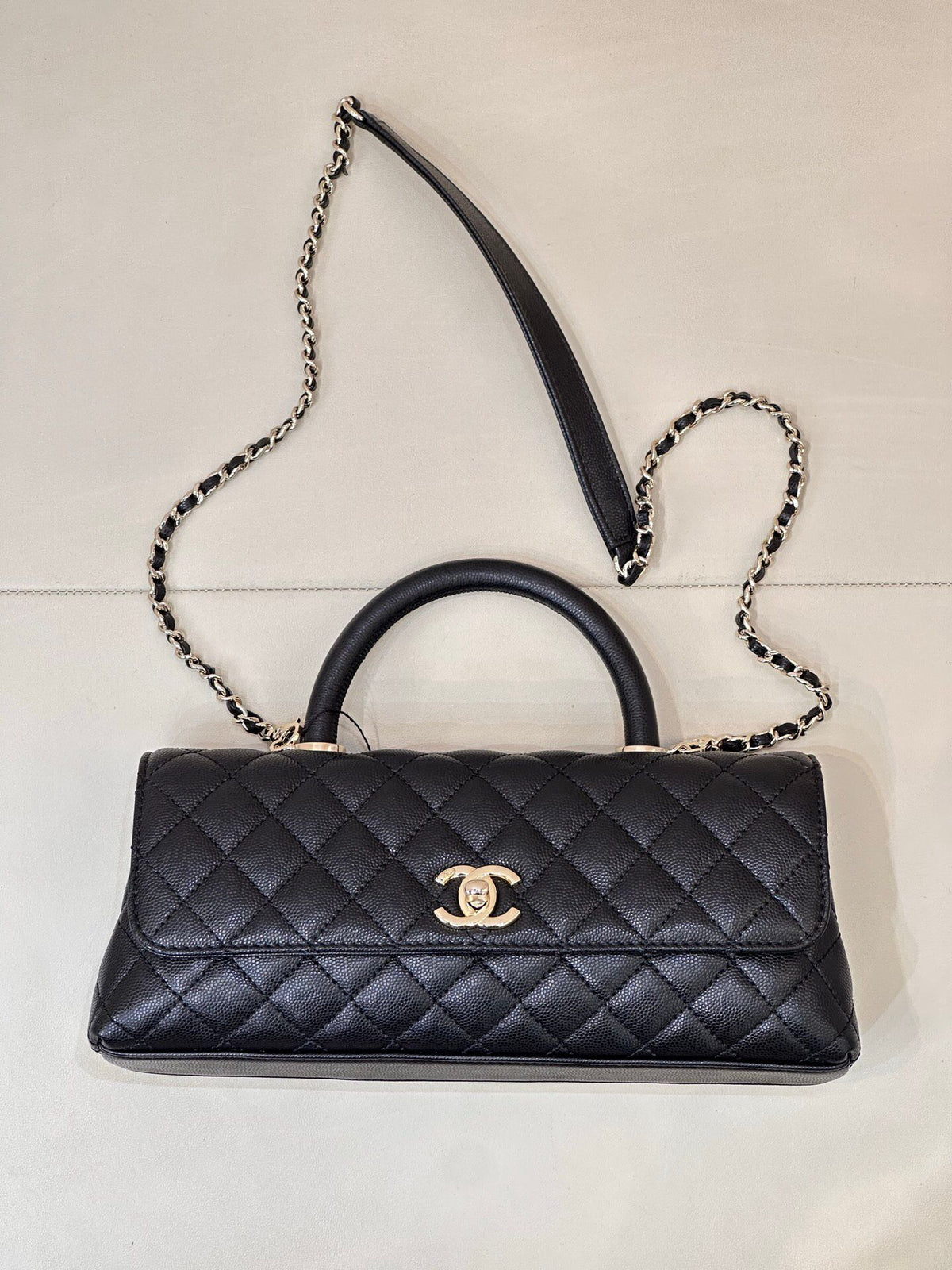 Black Quilted Top Handle Bag with Chain Strap