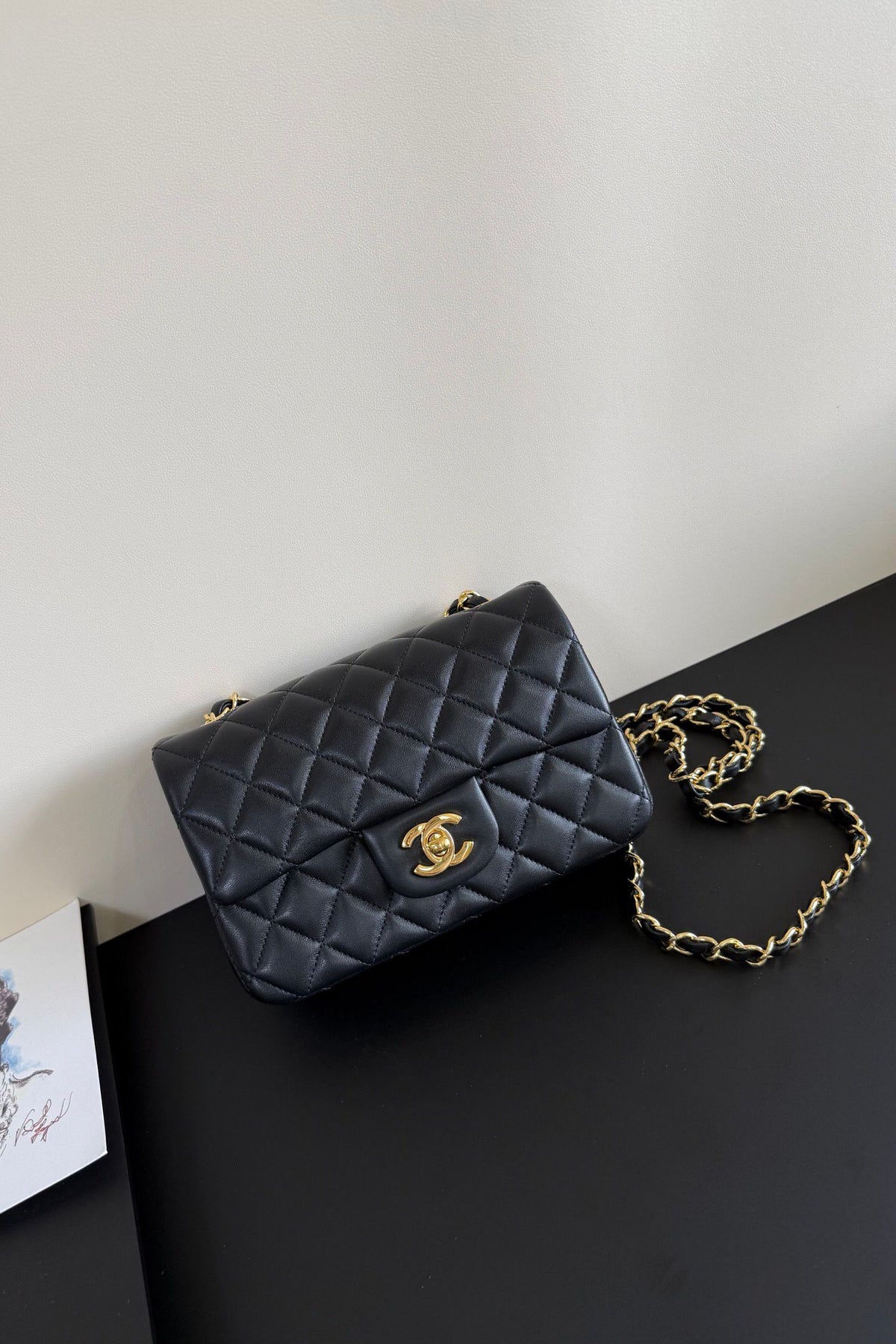 Black Diamond-Quilted Flap Bag with Gold-Tone Chain Strap