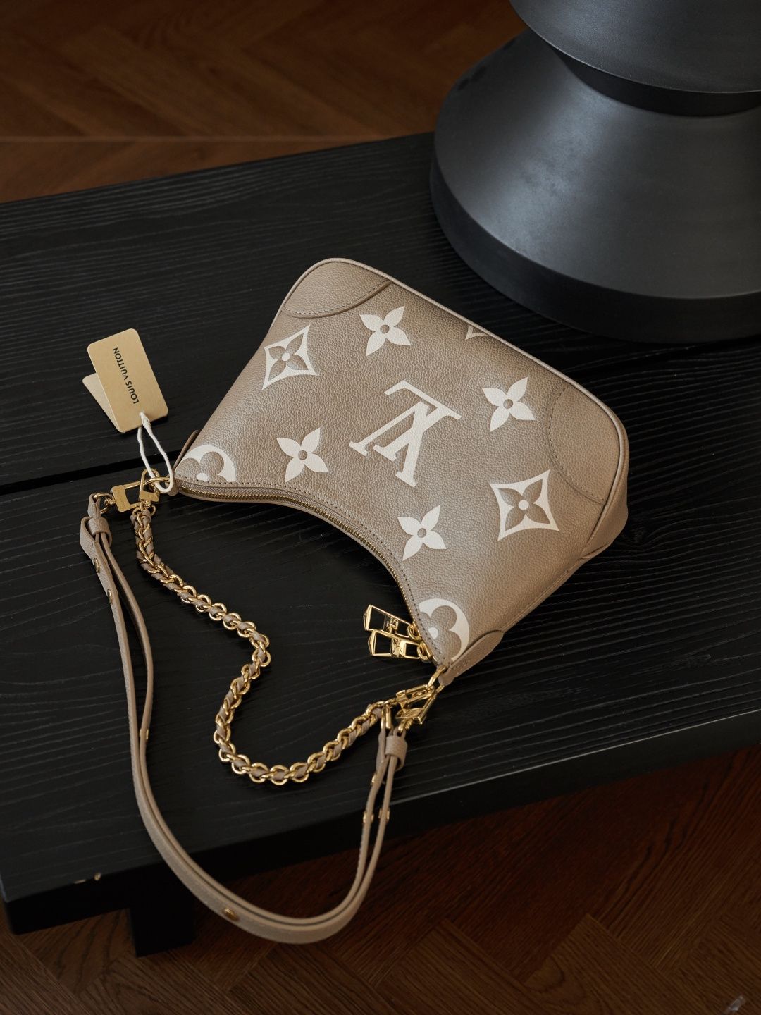 Taupe Monogram Shoulder Bag with Gold-Tone Chain