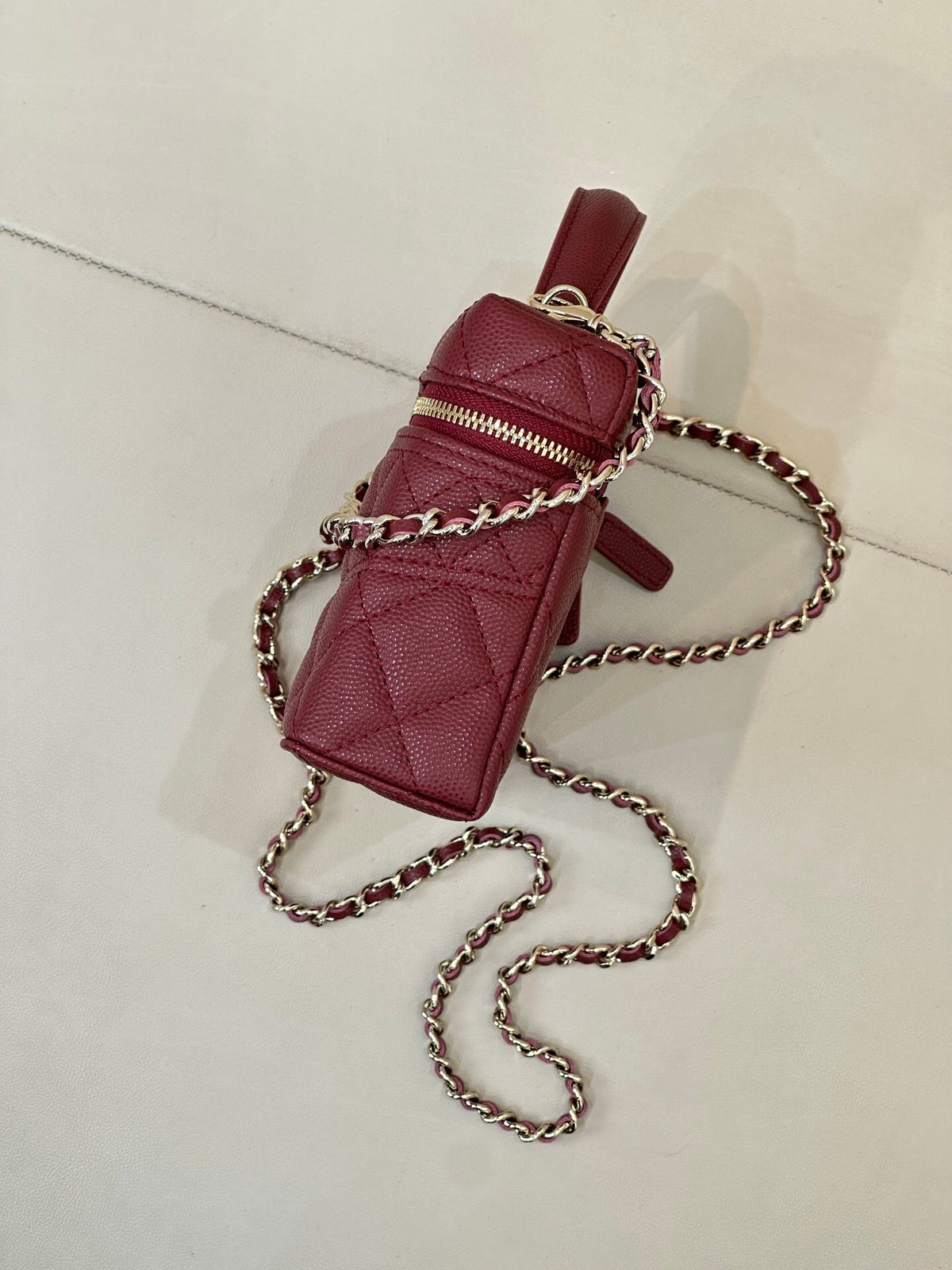 Burgundy Quilted Box Bag with Top Handle and Chain Strap