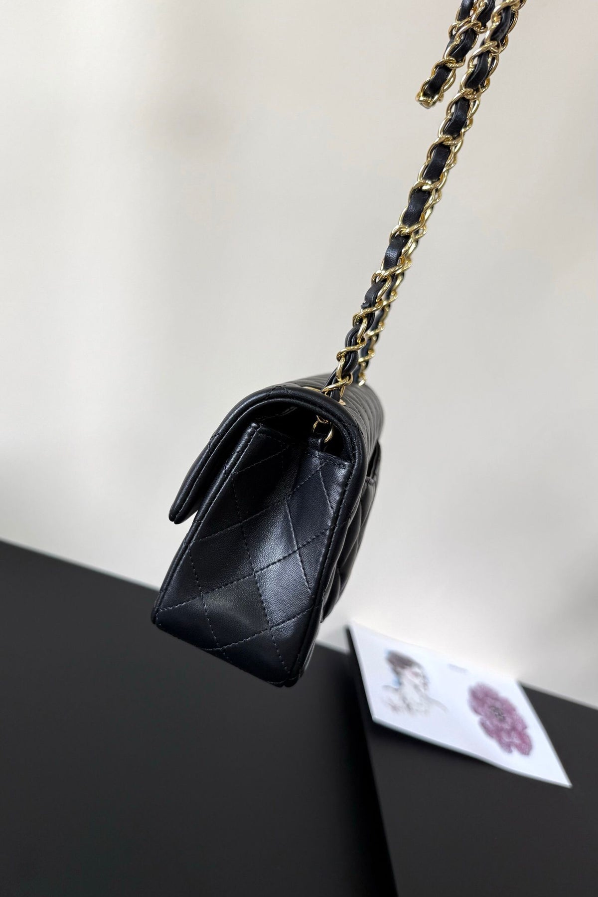 Black Diamond-Quilted Flap Bag with Gold-Tone Chain Strap