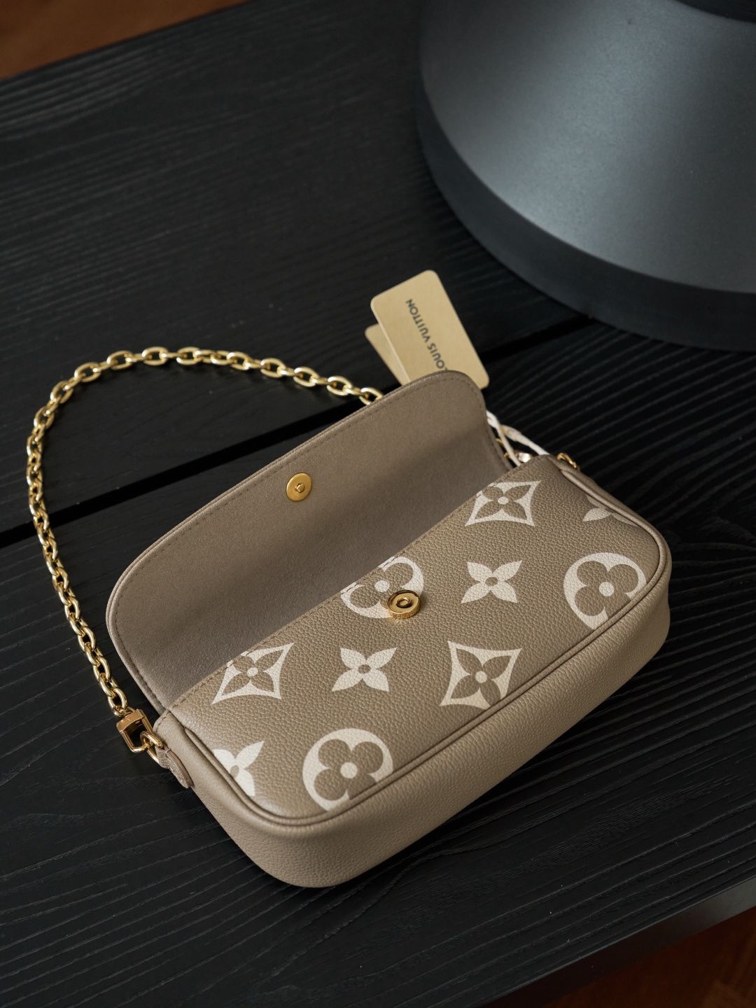 Taupe Monogram Flap Bag with Gold-Tone Chain Detail