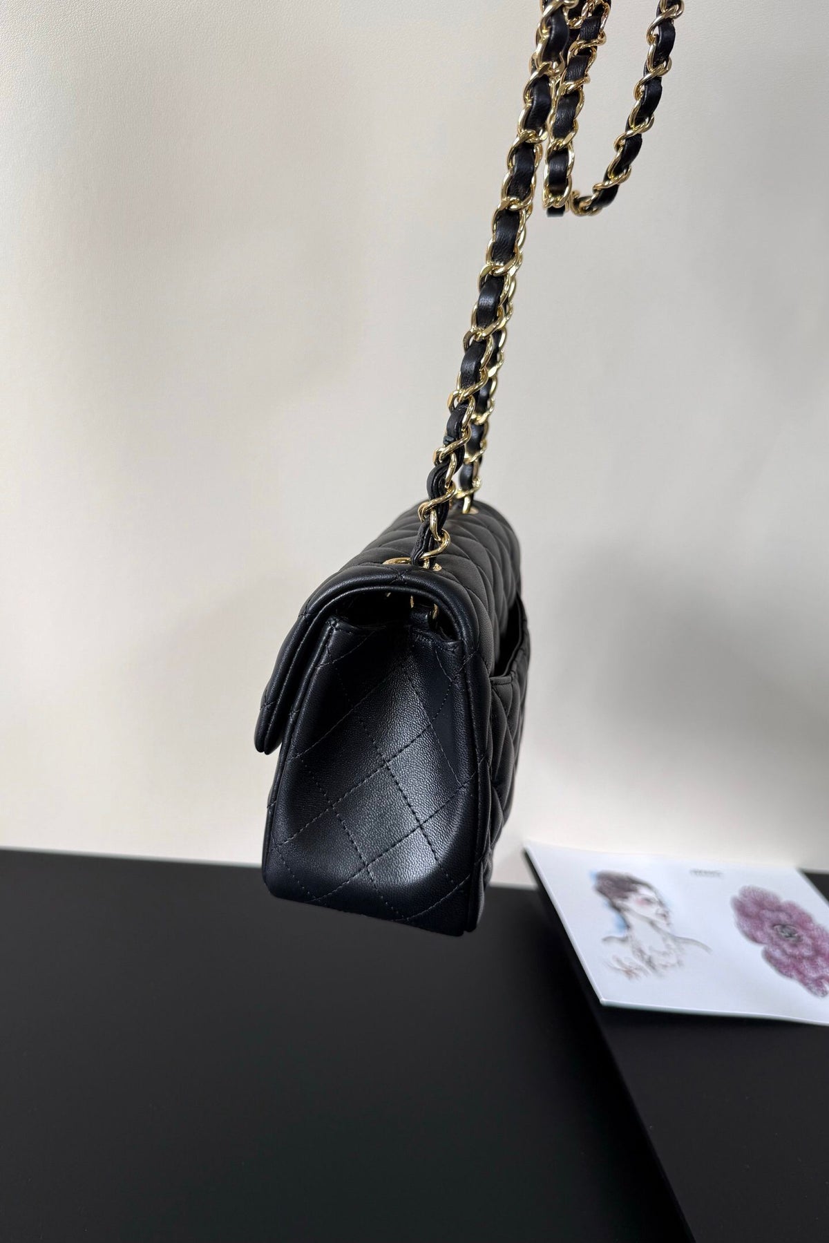 Black Diamond-Quilted Mini Flap Bag with Gold-Tone Chain Strap