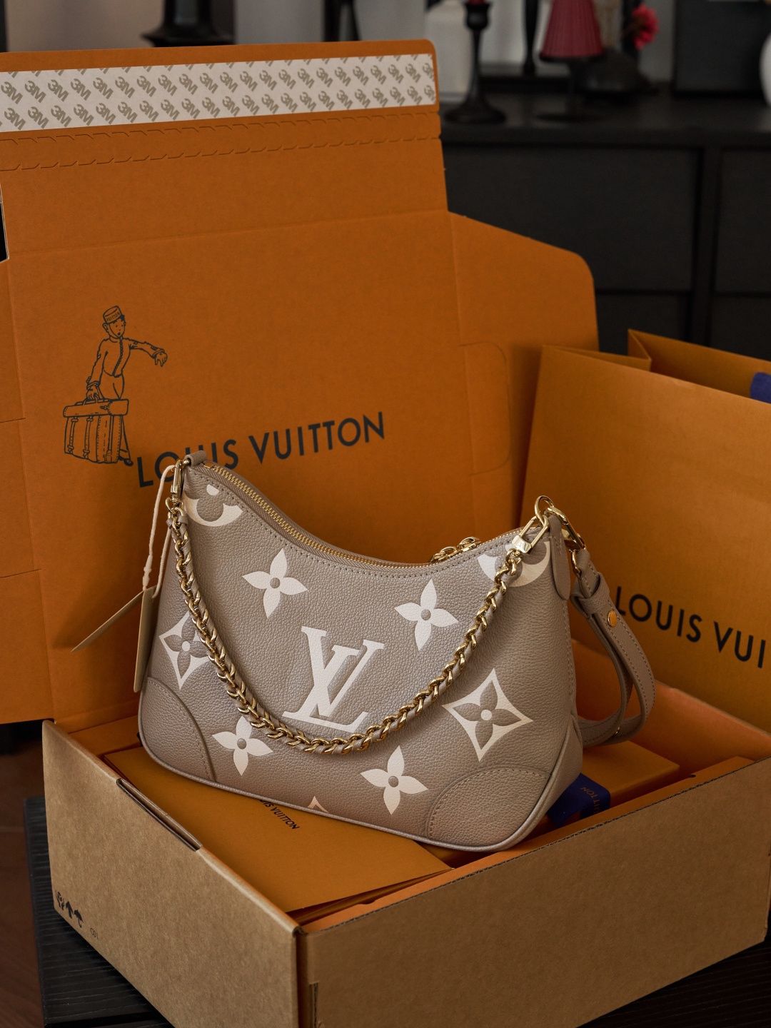 Taupe Monogram Shoulder Bag with Gold-Tone Chain