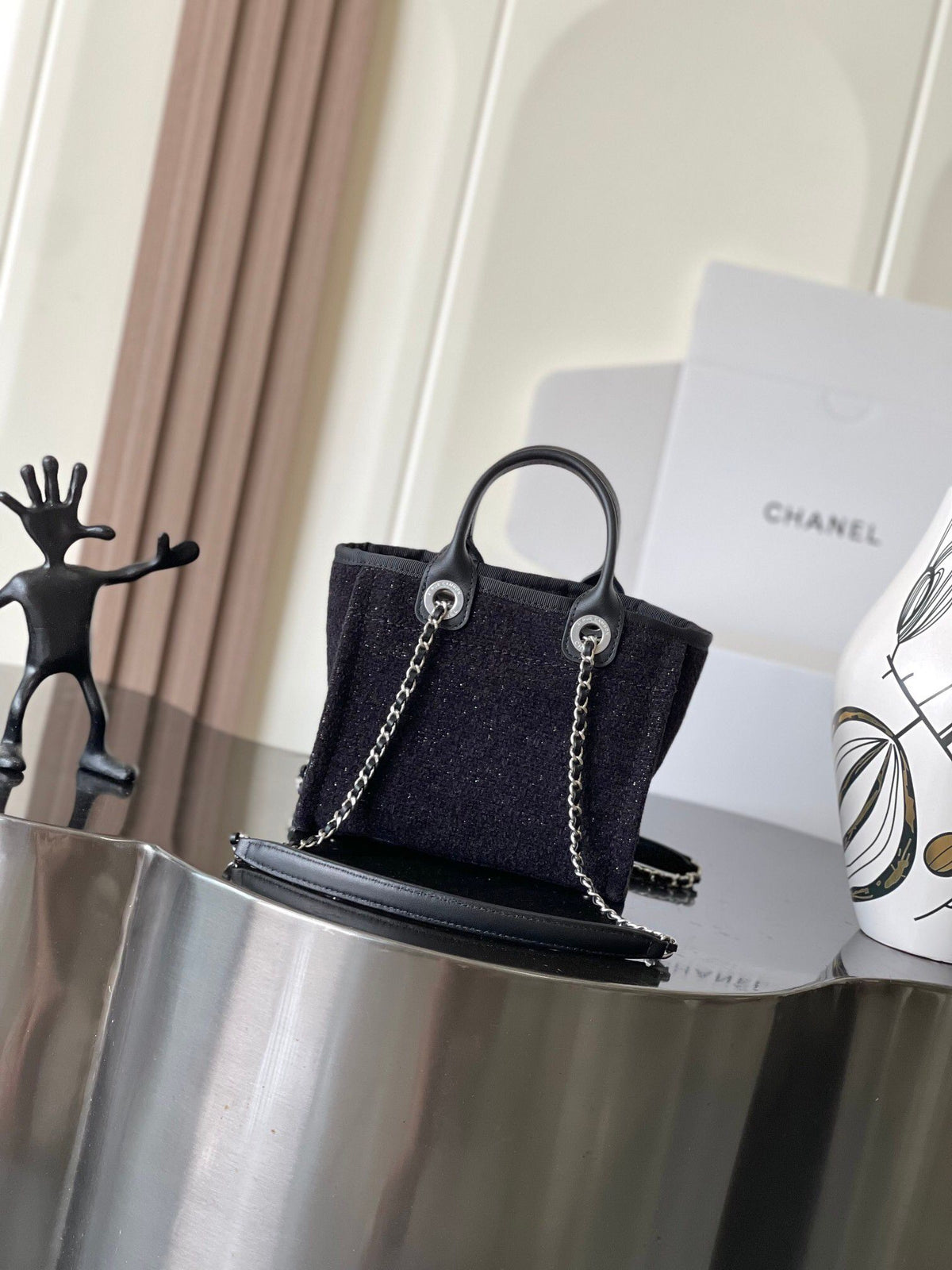 CHANEL26A mini beach bag tweed silver wire + all steel hardware
