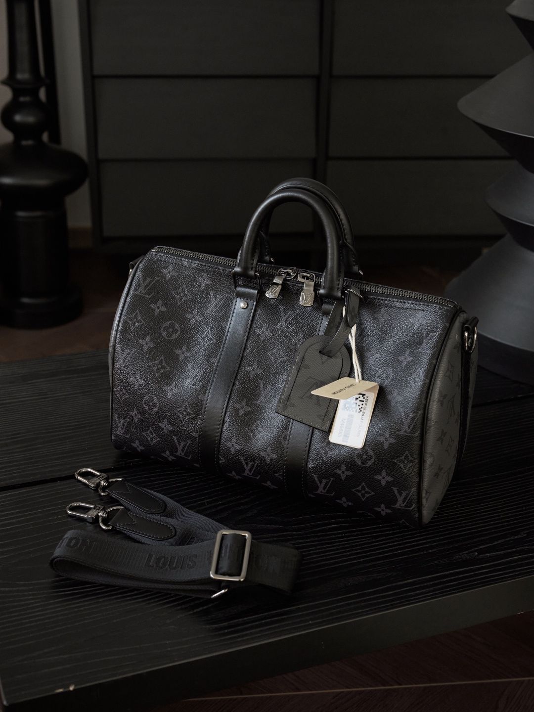 Black Monogram Holdall Bag with Twin Handles and Shoulder Strap