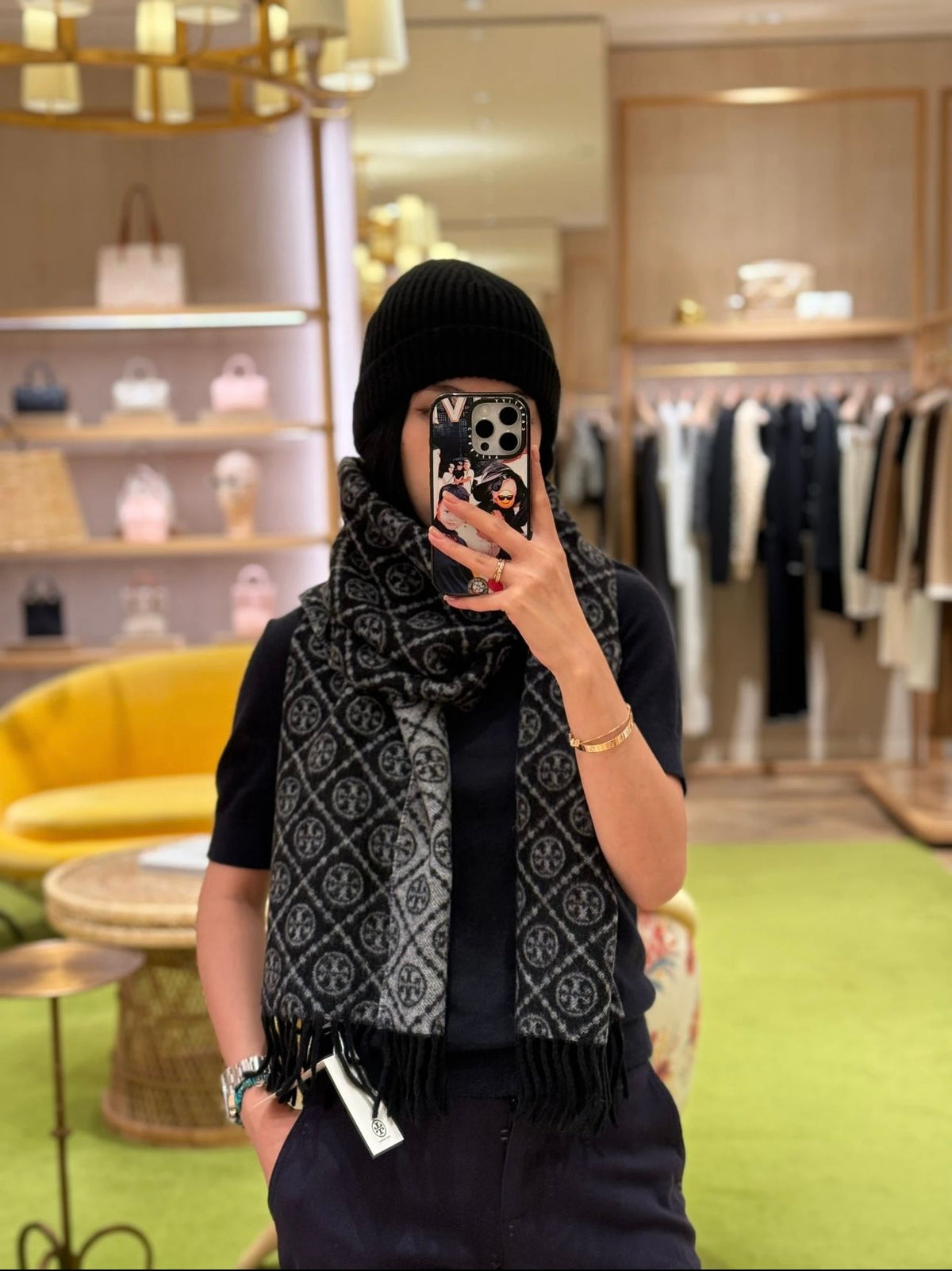 TORY BURCH.TB new double-sided scarf navy blue
