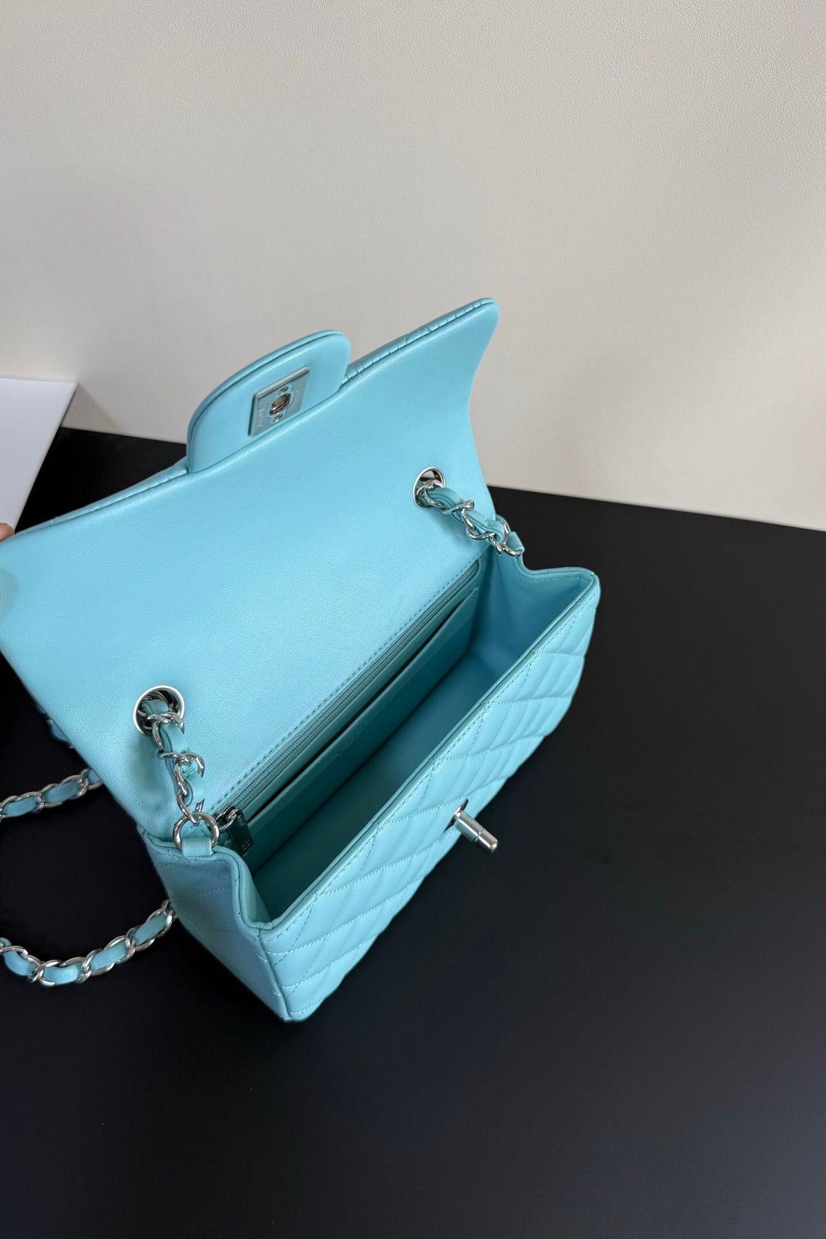 Aqua Blue Quilted Flap Bag with Silver-Tone Chain Strap