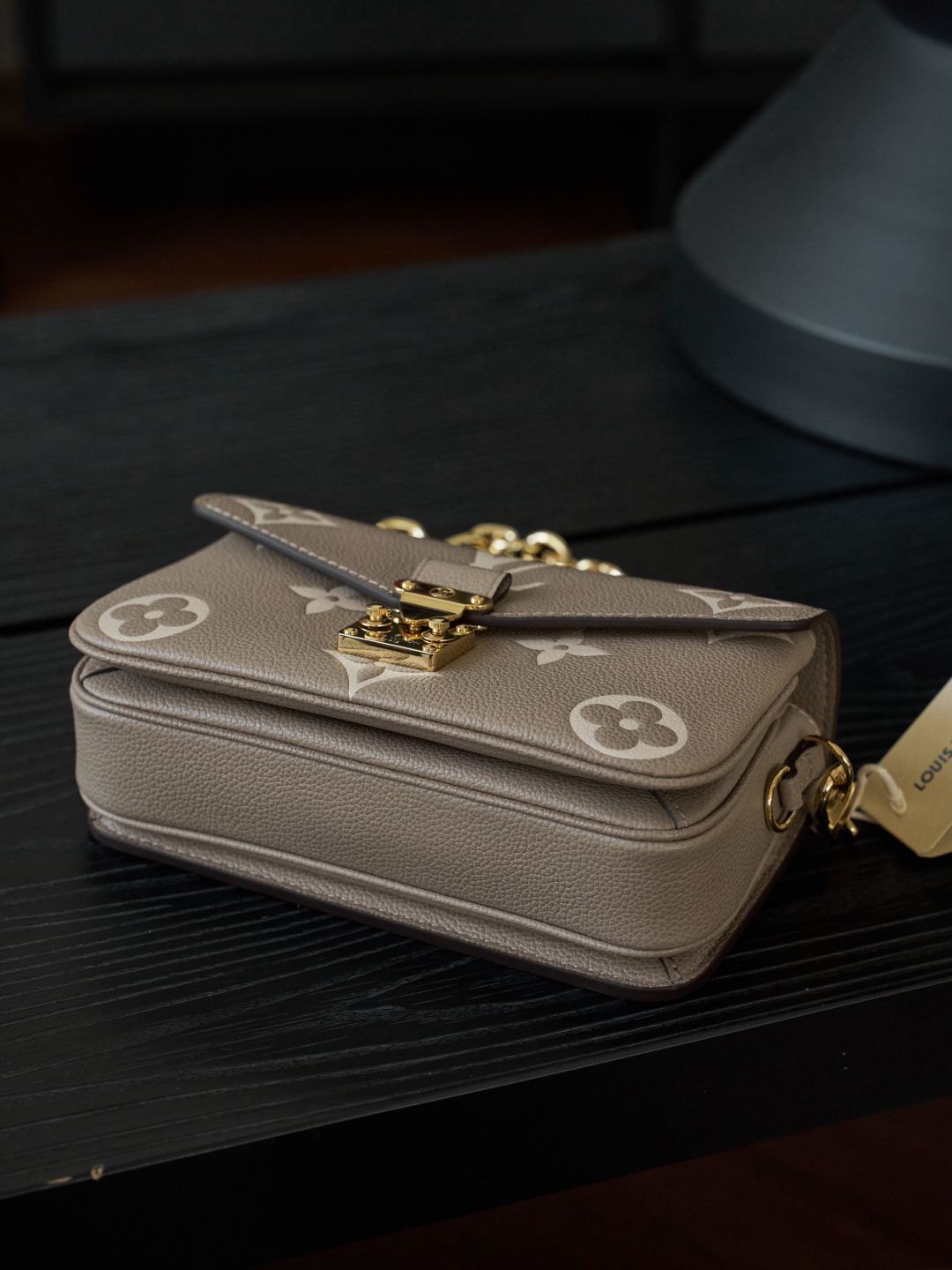 Taupe Monogram Shoulder Bag with Gold-Tone Clasp and Chain