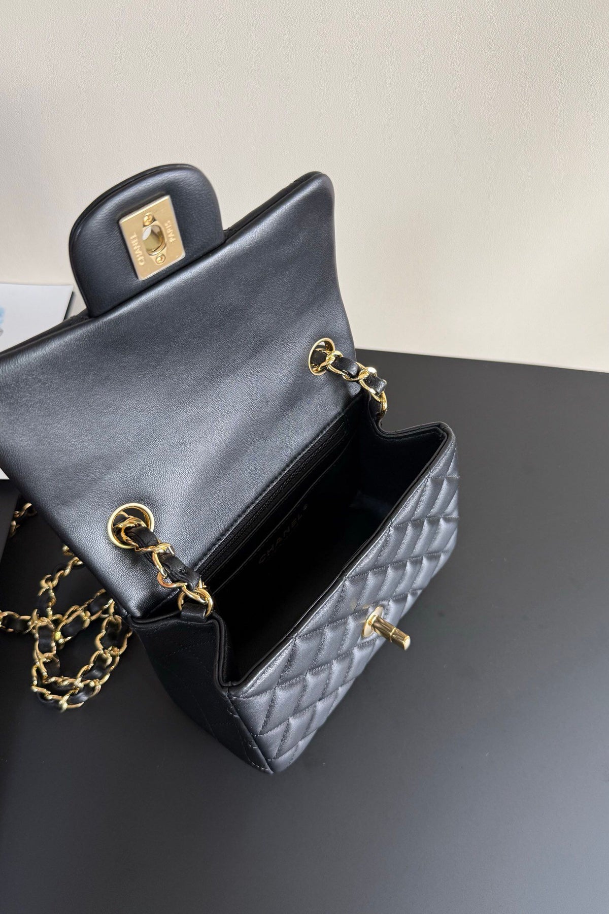 Black Diamond-Quilted Mini Flap Bag with Gold-Tone Chain Strap