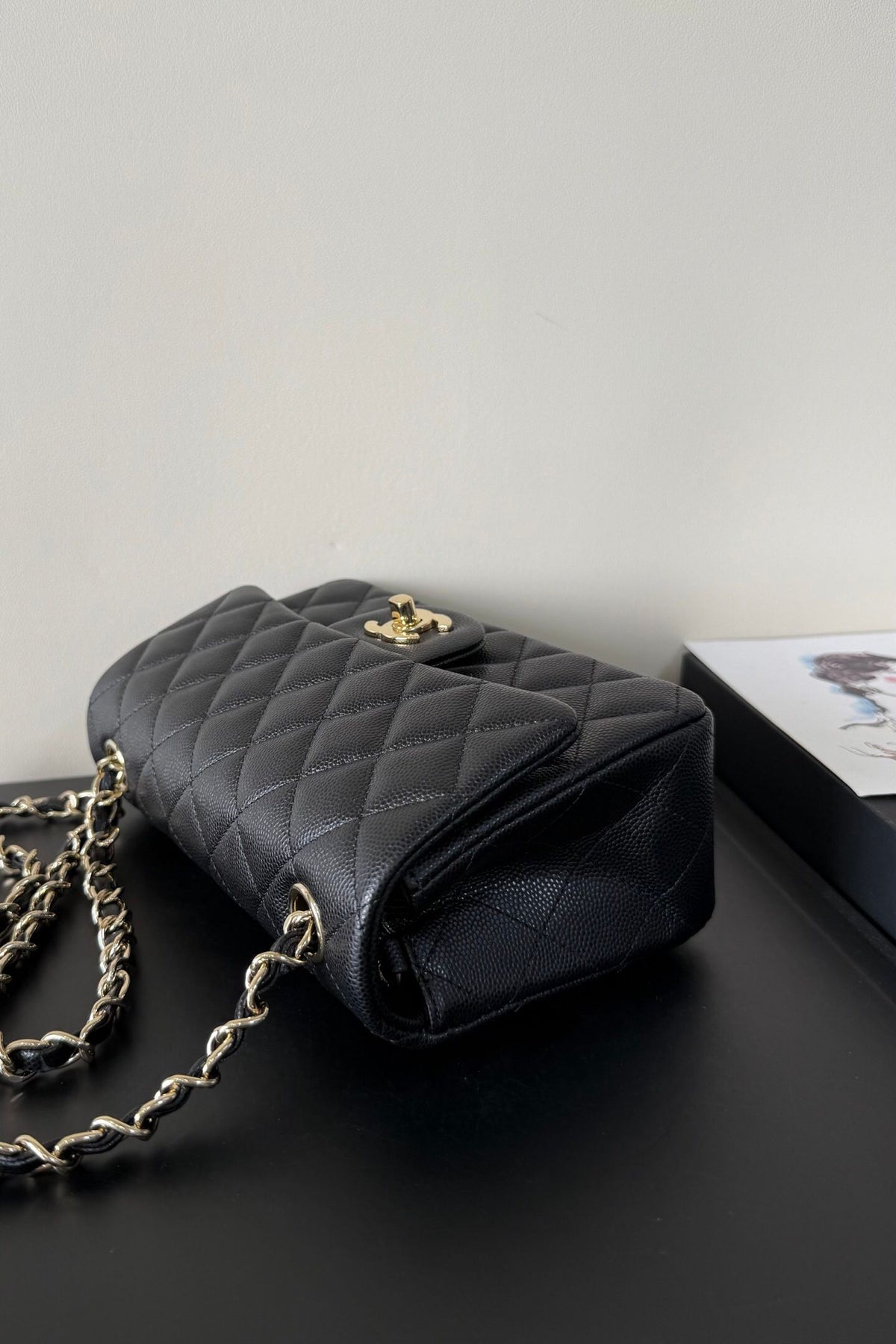 Black Quilted Flap Bag with Chain Strap
