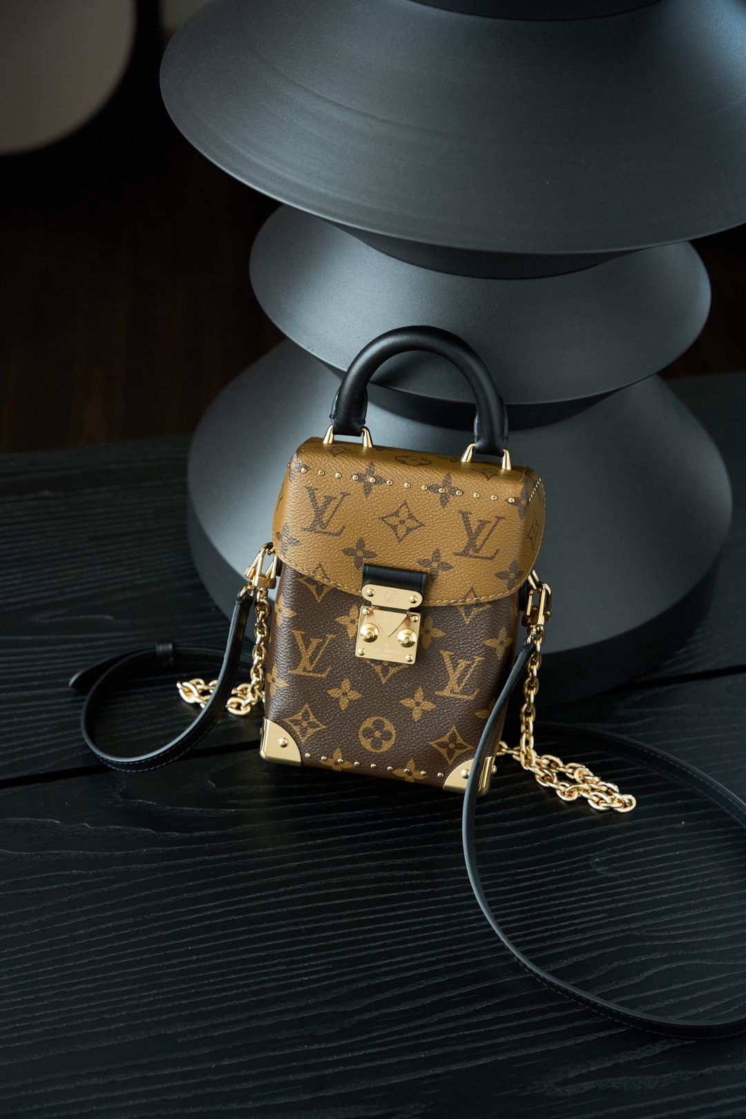 Brown Mini Top-Handle Bag with Gold-Tone Chain and Front Clasp